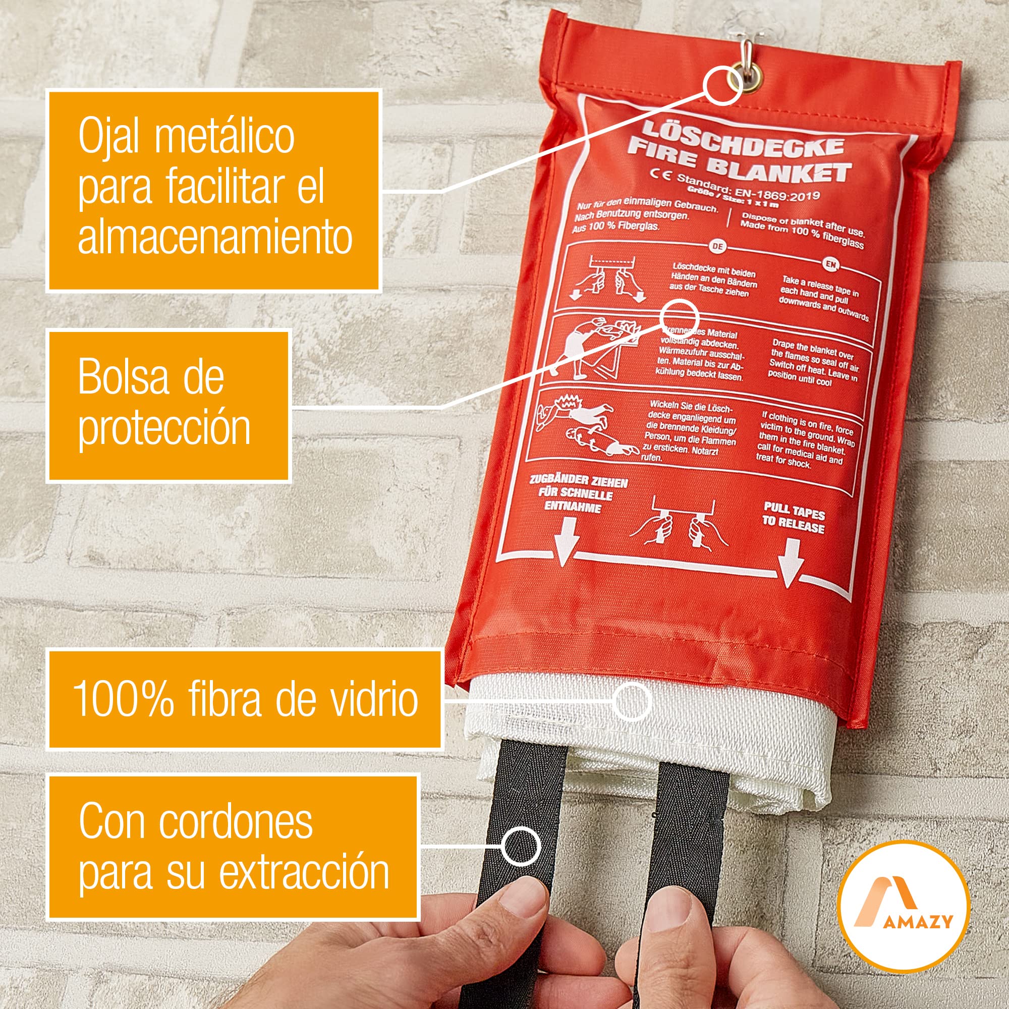 Amazy Manta Ignifuga (XL | 1,2 x 1,2 m) Incl. Bolsa Protectora + Gancho – Manta antincendios para extinguir Fuegos incipientes y Mayor Seguridad para hogar, para Oficina o almacen