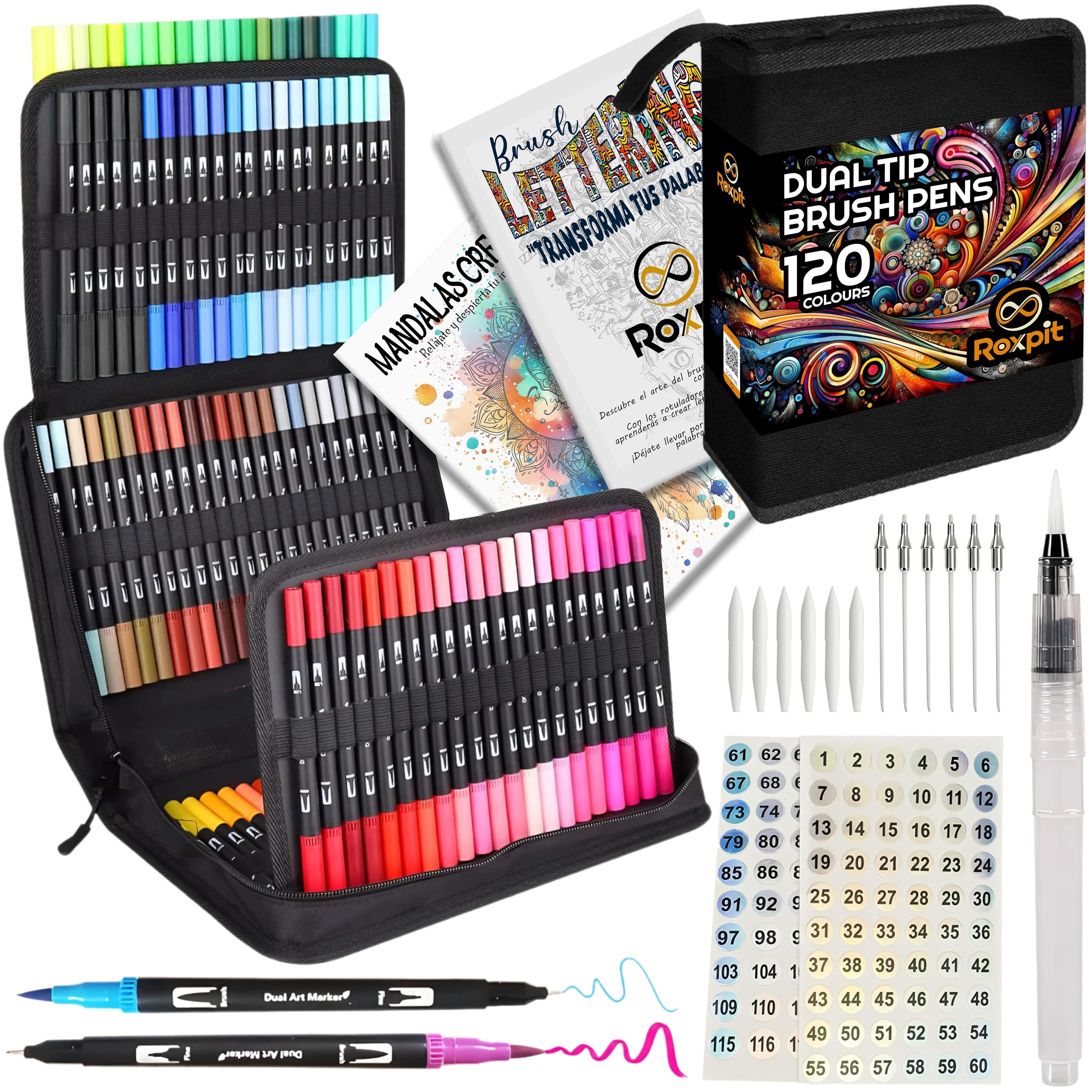 Roxpit Rotuladores Lettering 120 Colores Doble Punta Fina y Pincel | Incluye Blender y Estuche | Contenidos Educativos Descargables mediante el QR del envase| Kit Acuarelables para Niñas/os y Adultos