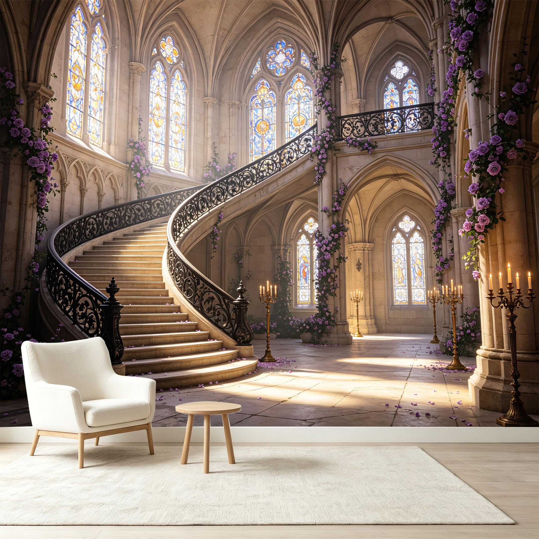 Custom Size Wall Murals Gothic Palace Staircase Stained Glass Window Blooming Flowers 3D Trompe L'Oeil Self-Adhesive Wall Fabric Removable Wallpaper Wall Decor for Living Bedroom Bathroom