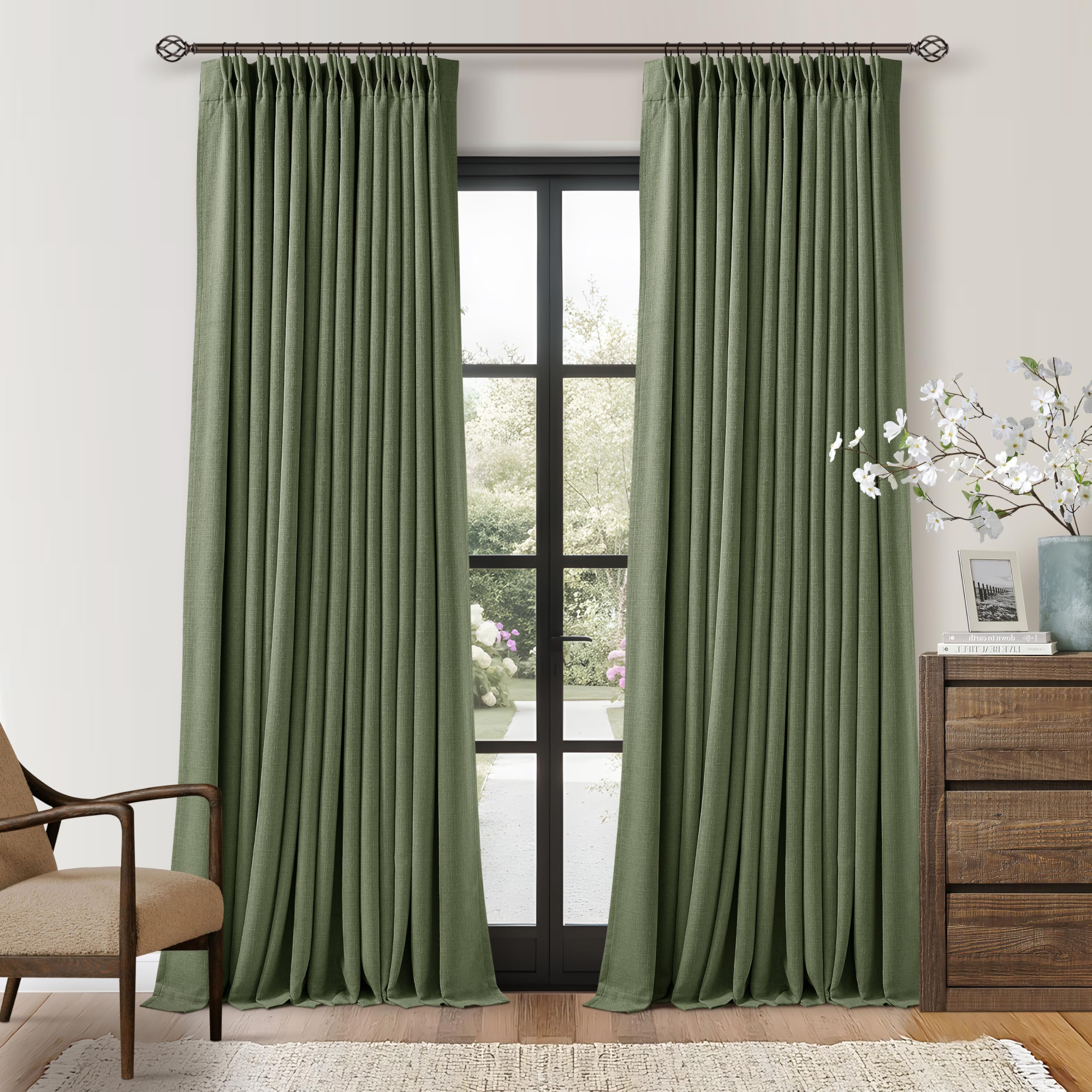 Photo 1 of 102 Inch Linen Pleated Black Out Curtains 2 Panels Set for Bedroom Living Room Darkening 100% Blackout Memory Trained Farmhouse Rustic Farmhouse Pinch Pleat Window Curtain Olive Green 102 Inch Length