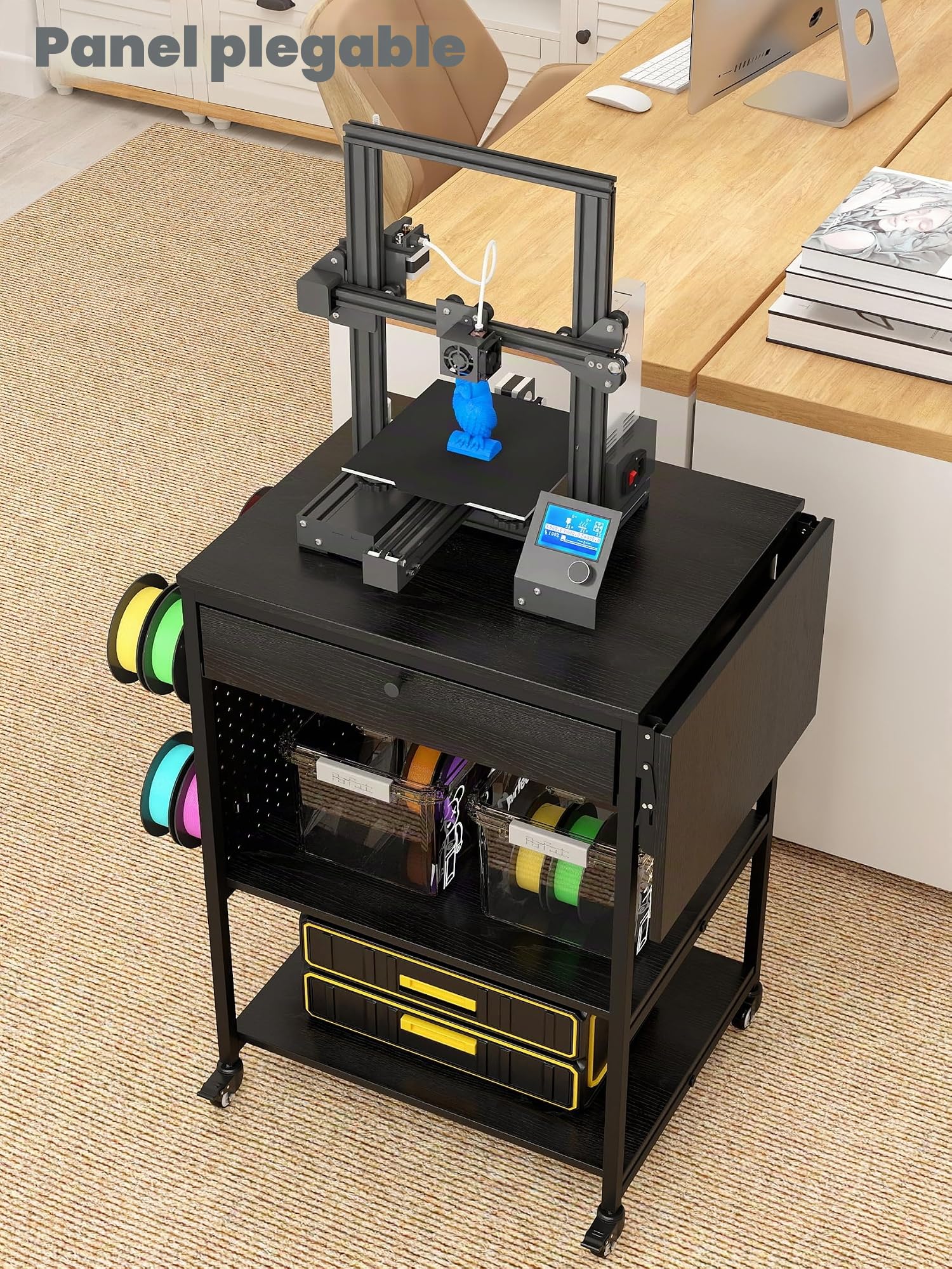 Mesa de impresora 3D móvil de 3 niveles con estante de almacenamiento y cajón, organizador de escritorio multiusos, carrito de impresora rodante para oficina y hogar (90 cm x 50 cm x 80 cm)