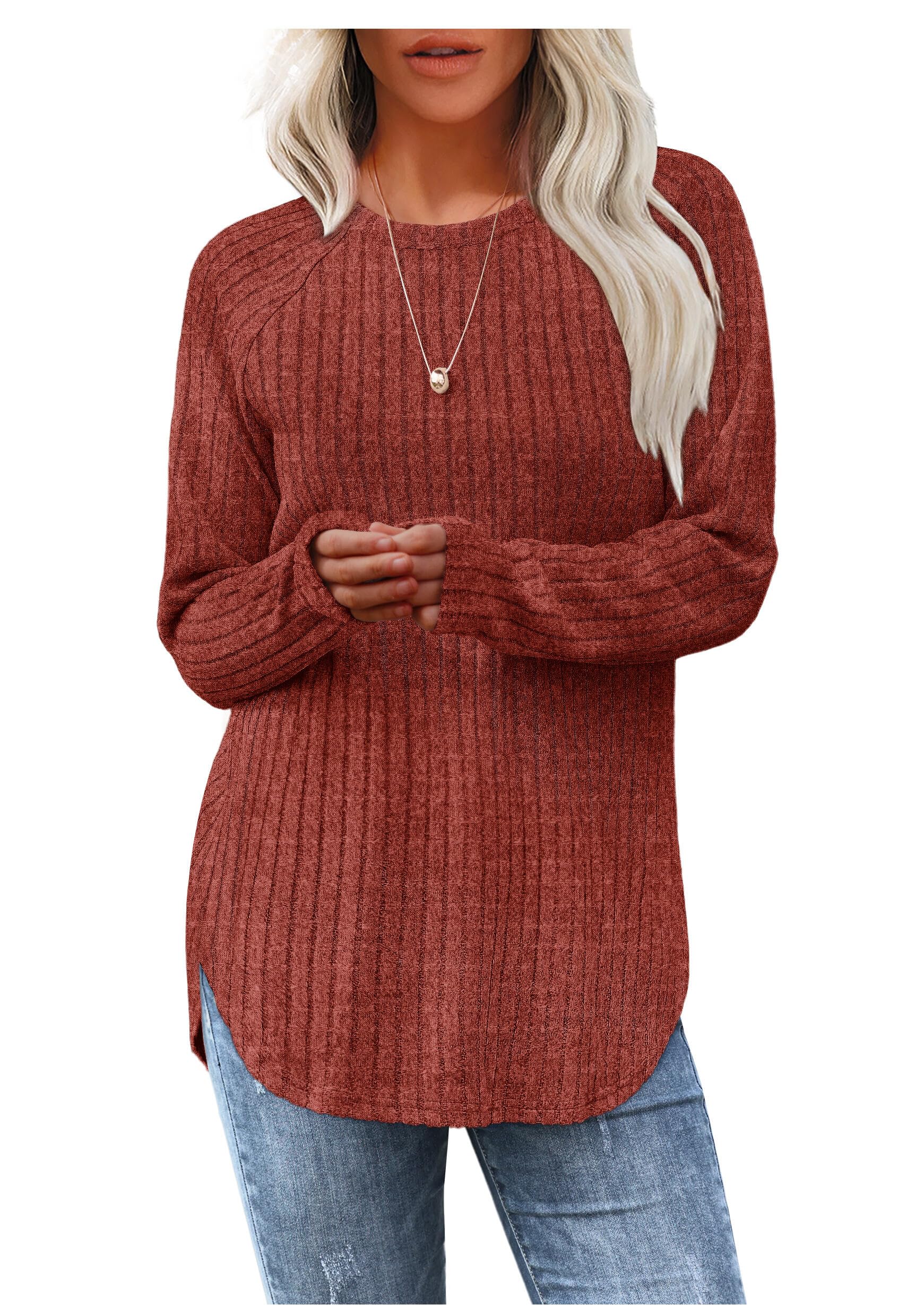 Jescakoo Long Sleeve Shirts for Women 2025 Fall Clothes Tunic Tops Loose Fit Lightweight Sweaters Curved Hem S-XXL