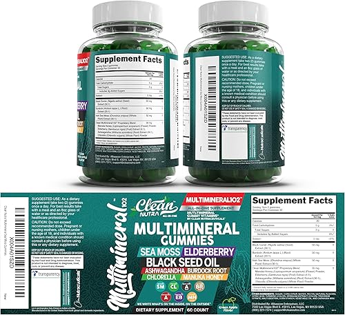 Miniatura 9 de Gomitas de musgo marino, clínicamente probadas, aceite de semilla negra, Ashwagandha, saúco, raíz de bardana, clorella, miel de manuka, vitaminas