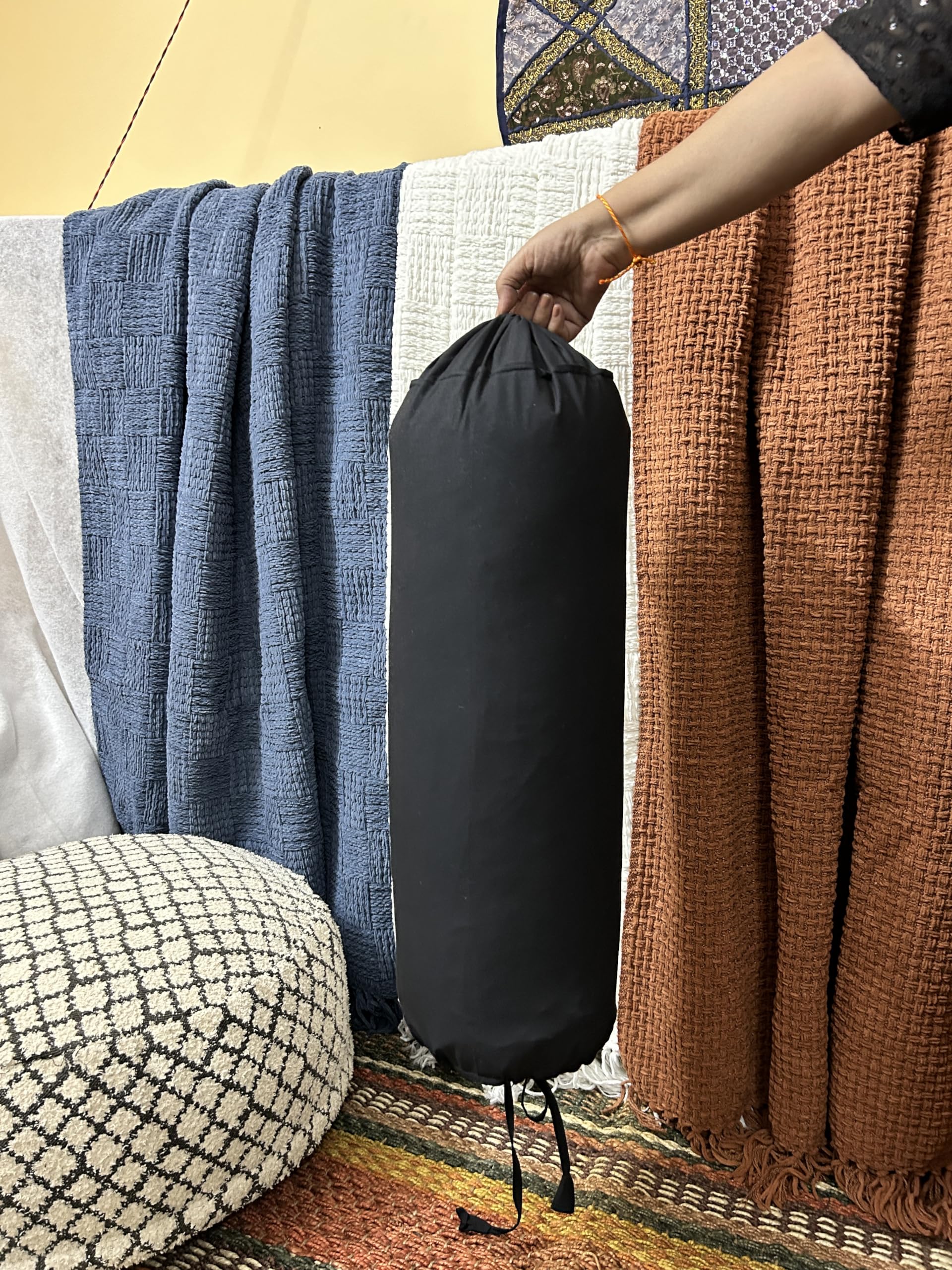 SAFFRON HANDICRAFTS 2 Pcs Cervical Neck Roll Pillow Cover with Drawstring Closures Round Neck Roll Pillow Case Cotton Bolster Pillowcases for Cylindrical Cushion (Black, 3 x 18 inch (7.5 x 45.5 cm))