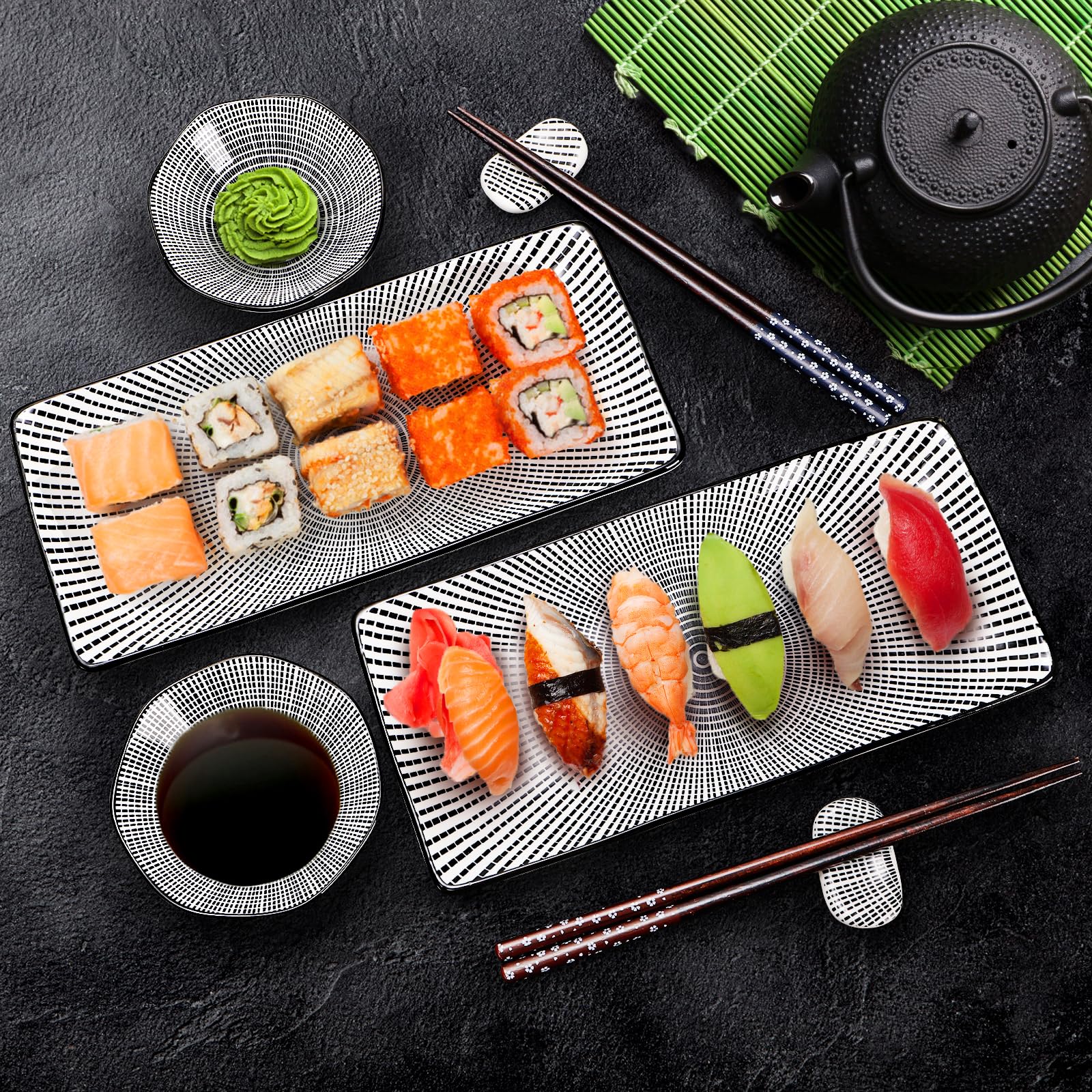 Pumtus Juego de 8 platos de sushi, juego de servir de sushi de cerámica para 2, vajilla japonesa de sushi para inauguración de la casa de boda, incluye 2 platos para servir, 2 cuencos de salsa, 2