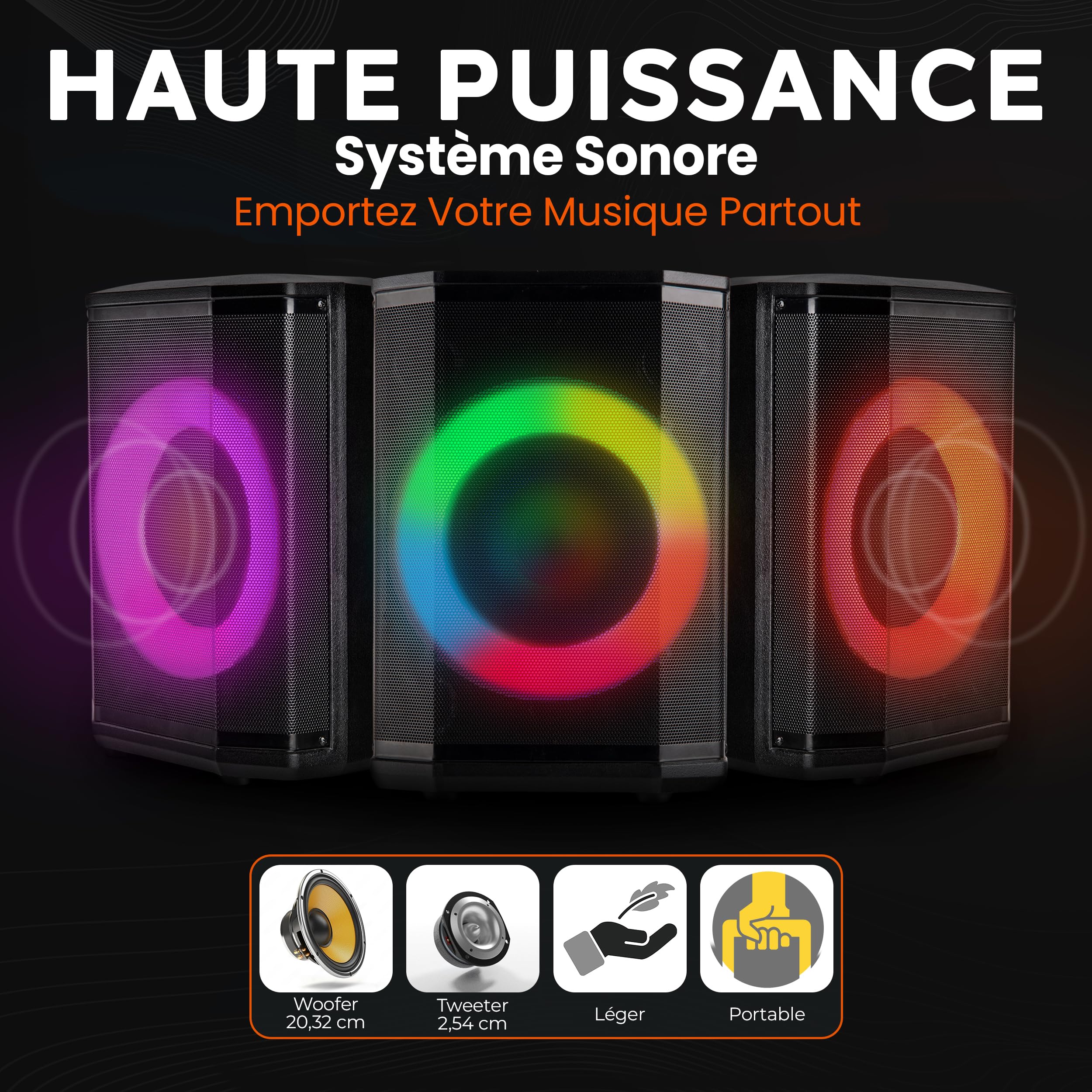Pyle Enceinte Bluetooth Portable de Fête 120W – Enceinte Karaoké avec Woofer 8", Son Hi-Fi, Fonction TWS, Entrée Micro, USB/Micro SD/FM, Lumières LED, Batterie Rechargeable Longue Durée & Support Pied