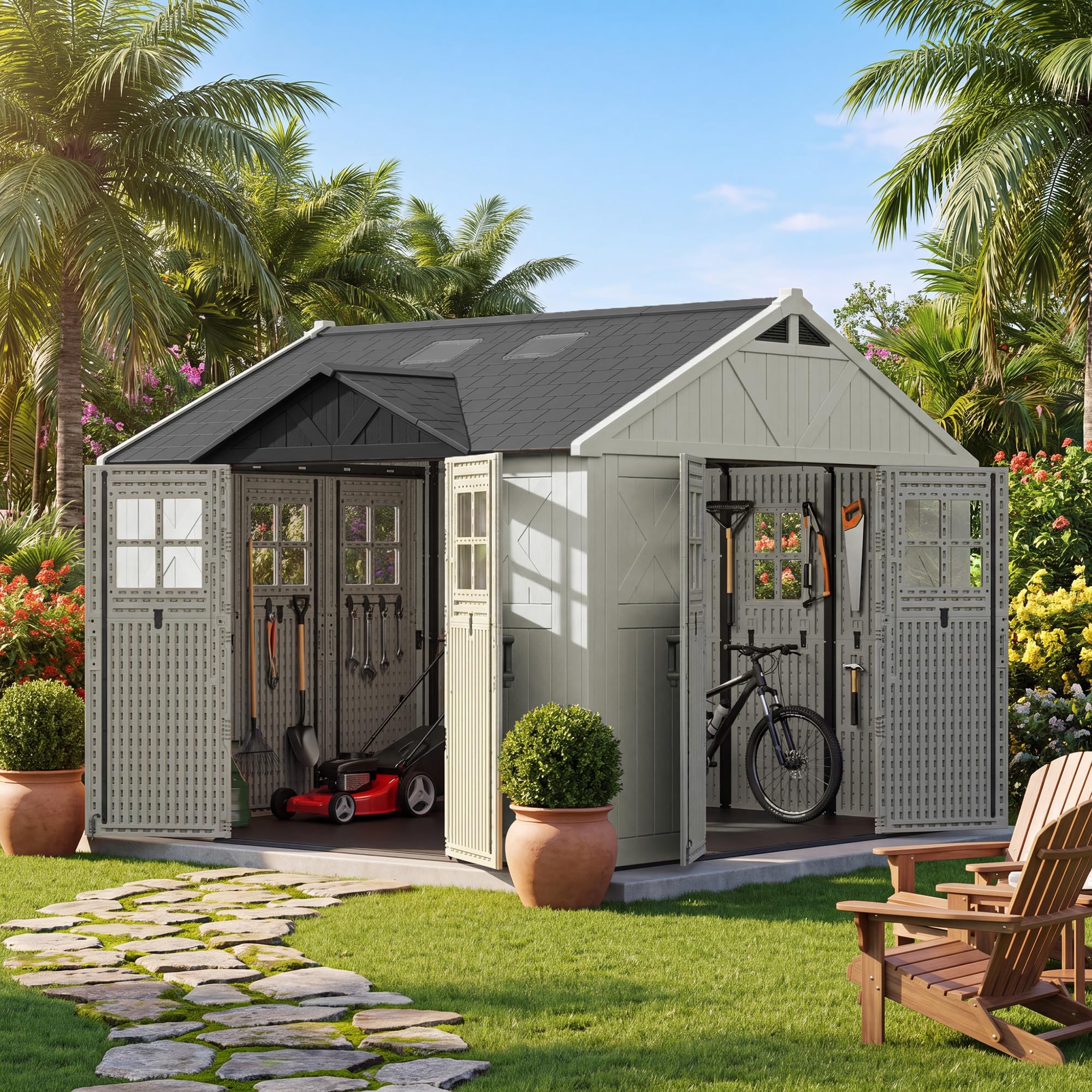 Greesum 10x10FT Resin Outdoor Storage Shed with Three-Sided Doors, Beige