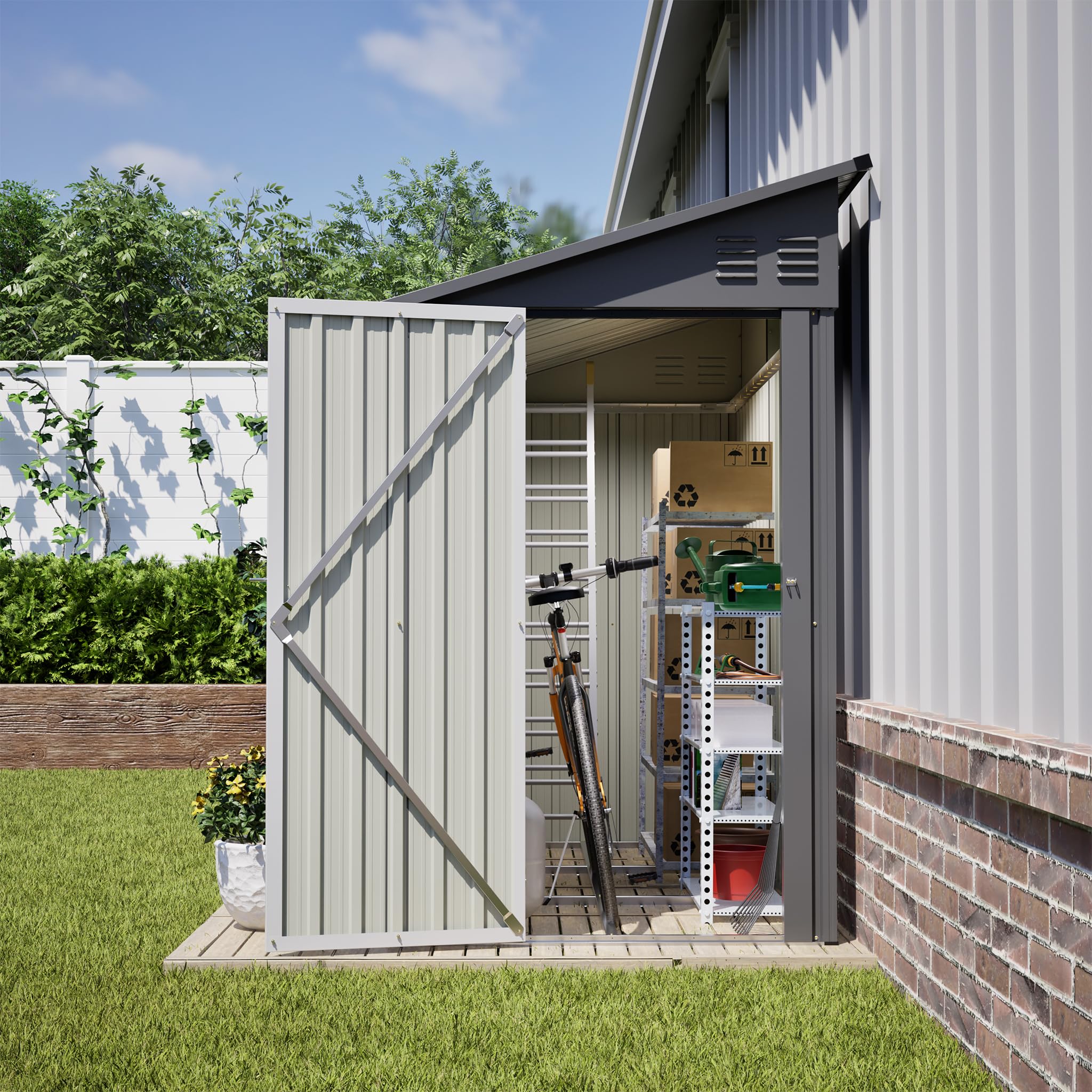 Mrwoo Metall-Gartenschuppen 242 x 124 x 192 cm, Anbau-Schuppen mit abschließbarer Tür und 2 Lüftungsöffnungen, Fahrradgarage mit Pultdach, Werkzeugaufbewahrung für Hinterhof & Terrasse, Grau