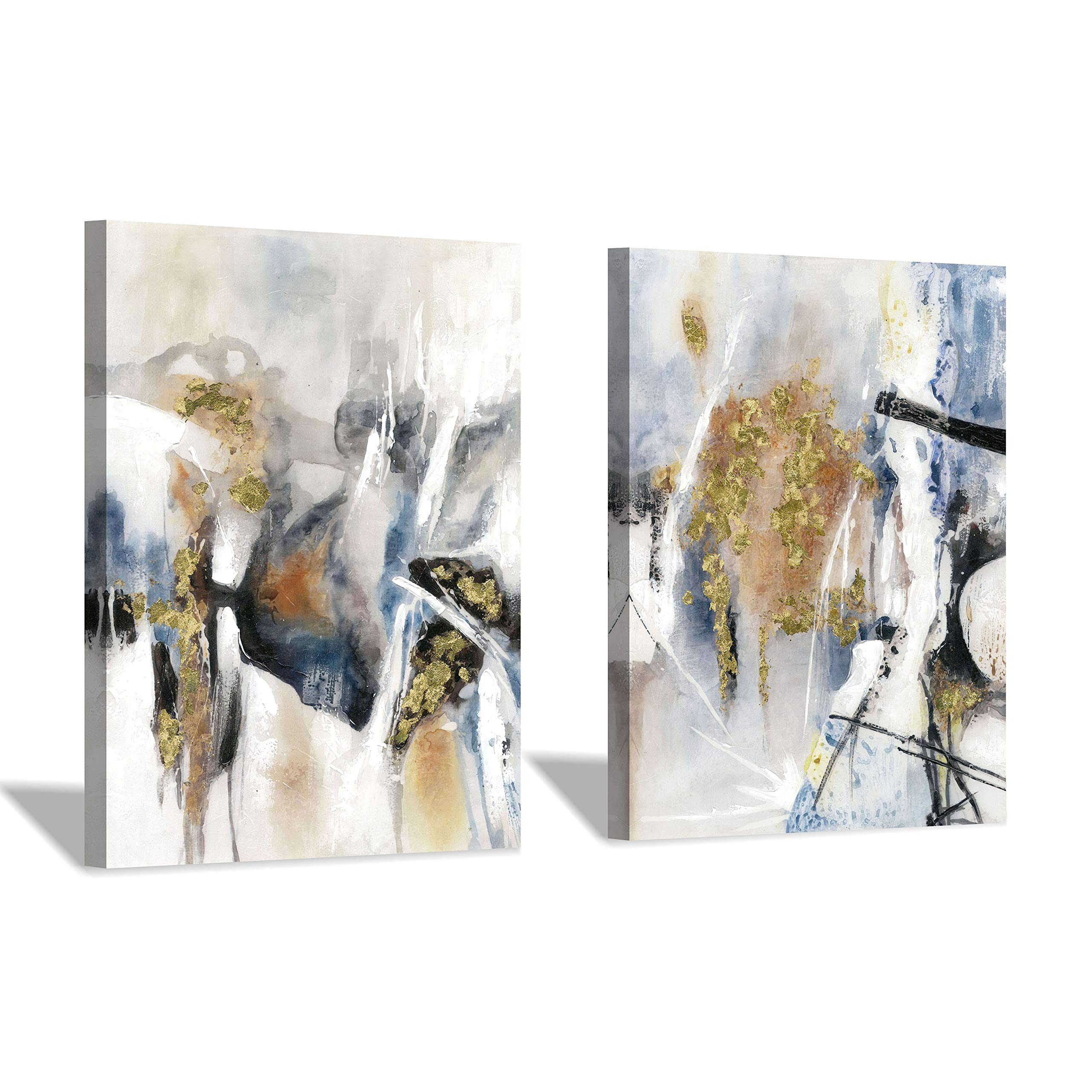 abstract canvas wall art picture: splash gold foils artwork painting print on canvas for living room (18'' x 24'' x 2 panels)