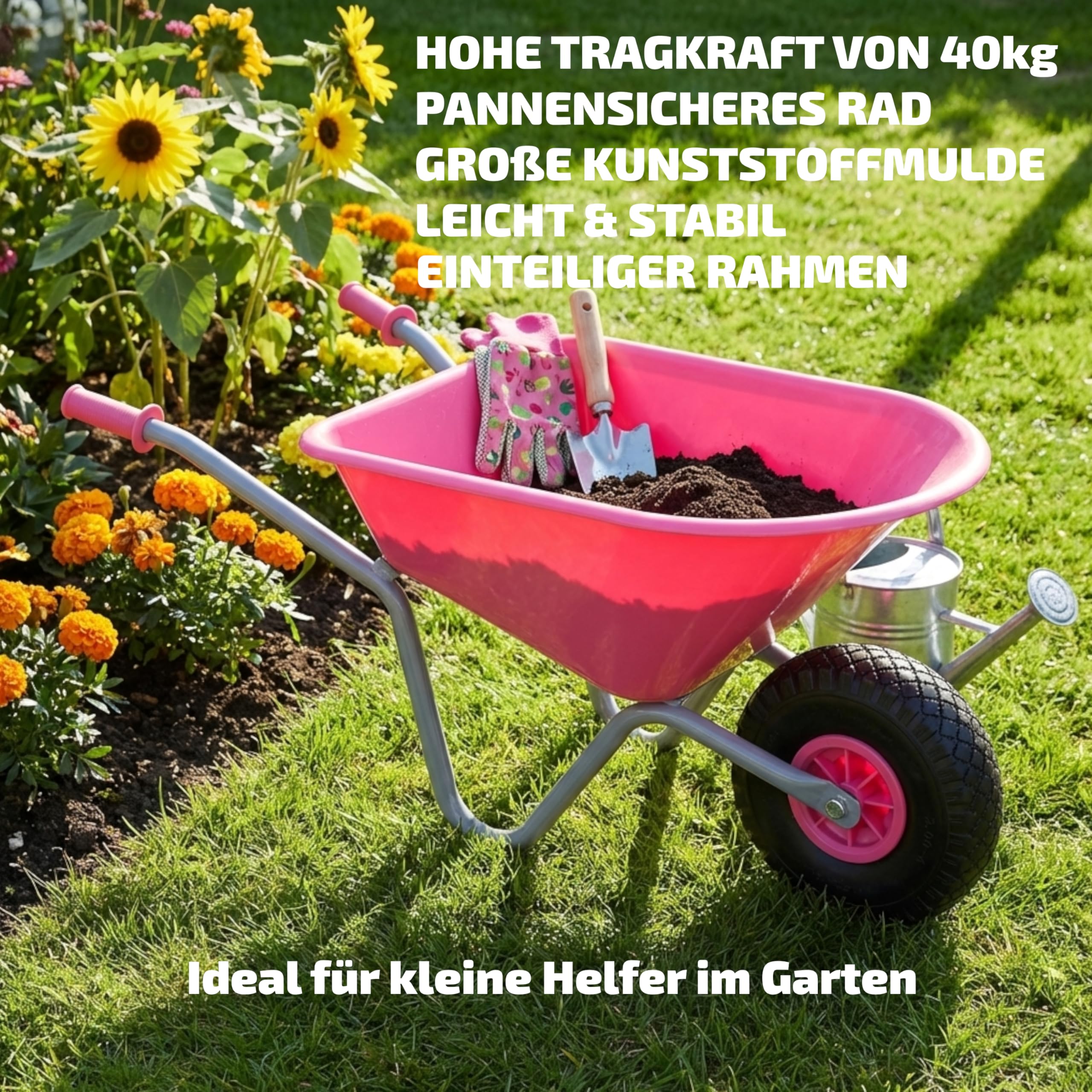 Matrix Kinderschubkarre hohe Qualität 40kg Schubkarre Kinder rosa pink Garten Vollgummirad | Kinder ab 3 | belastbar bis 40kg | leicht, sicher & stabil | einteiliger Rahmen | 20l Mulde