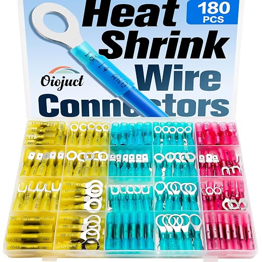 180Pcs Heat Shrink Wire Connectors Kit - Waterproof Marine Automotive Battery Electrical Crimp Terminals Set, Ring Fork Spade Butt Splices