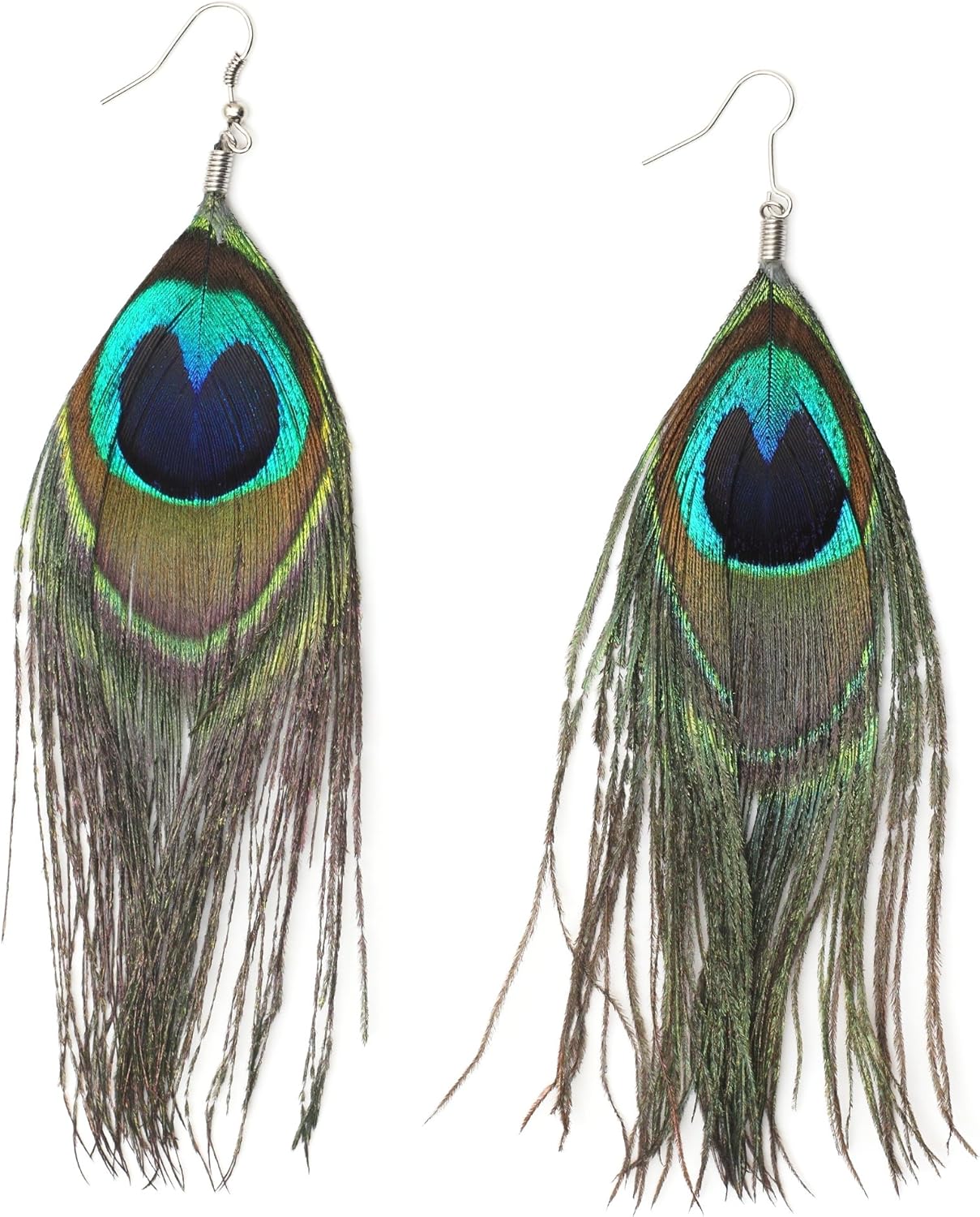 Dangling Peacock Feather Earrings Art Deco Statement EA35
