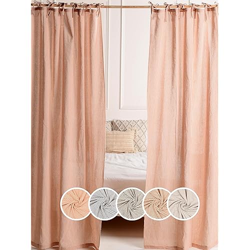 The Art Box Gauze Striped Curtains, Boho Linen Sabsitute Gauze Tie Top Hanging Curtains Light Filtering Door Window Treatment 2 Panel Curtain Drapes Orange On Beige (84"X42" Each Panel)