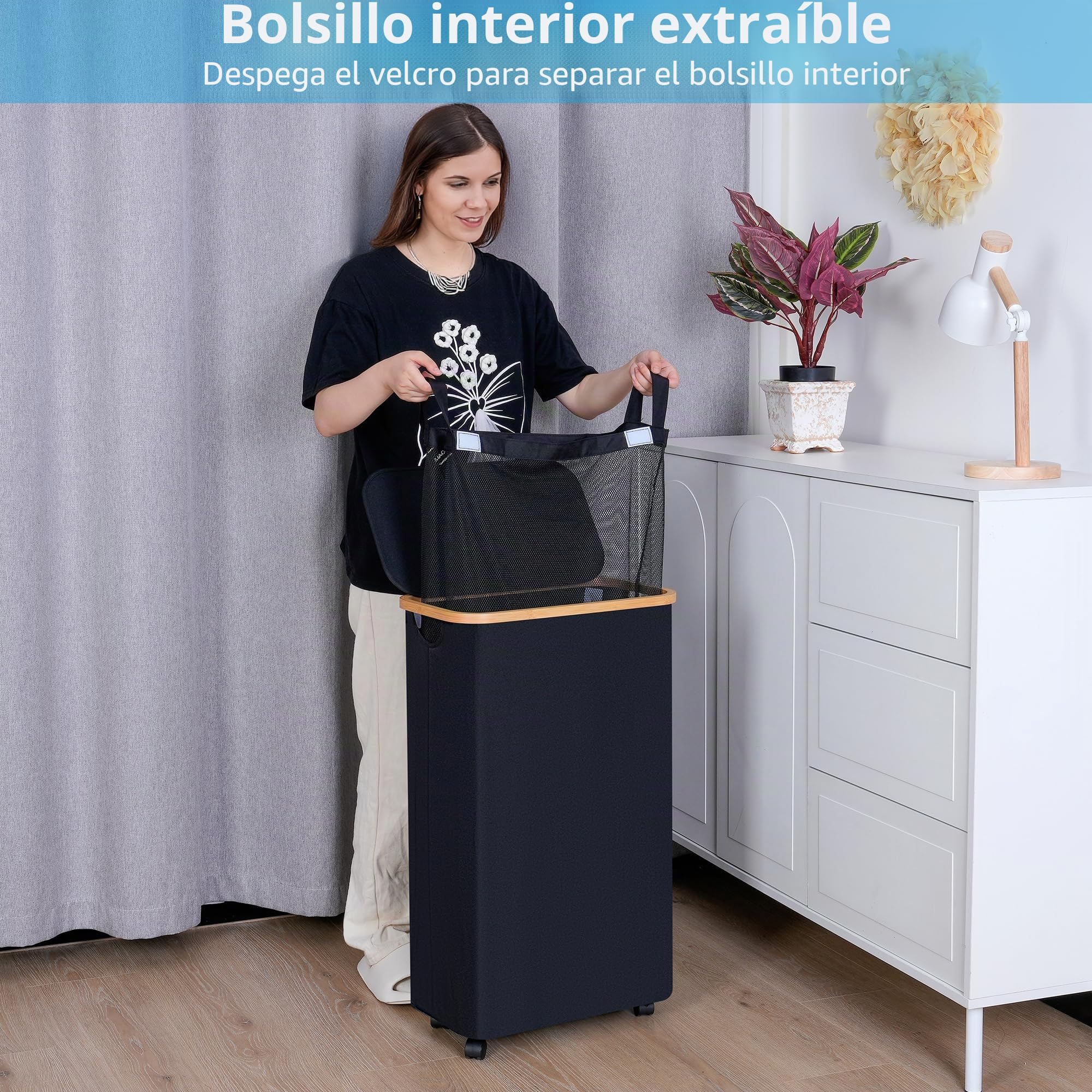 efluky Cesto de Ropa Sucia con Ruedas, Cesto de Ropa Sucia Plegable de 75L con Tapa, Cesta de Ropa Sucia Plegable con Asas de Bambú y Bolsa Extraíble para Dormitorio, Baño, Lavadero
