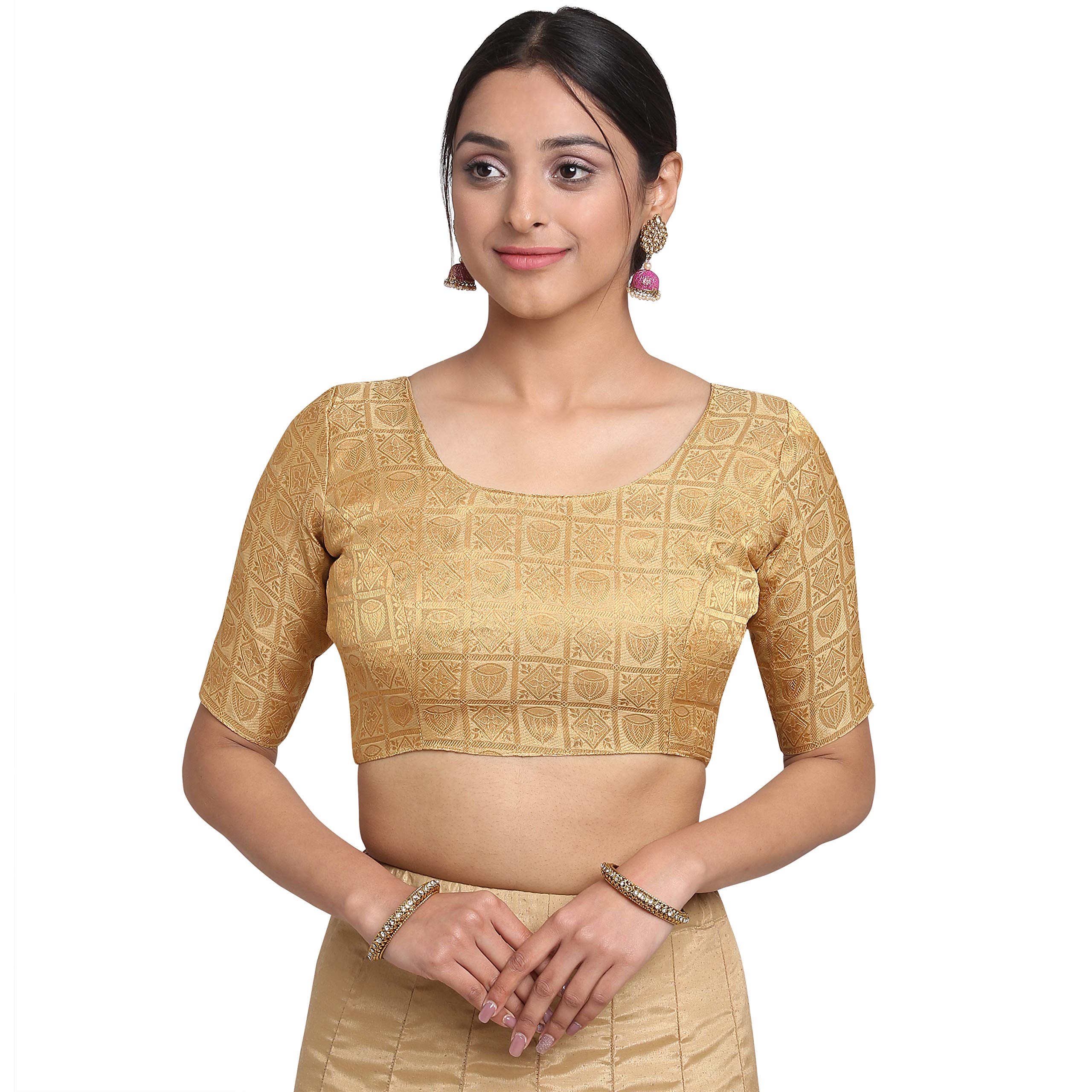 Oomph Women's Art Silk Solid 3/4 Sleeve Saree Blouse (Rbbl16L_Latte Beige_L)