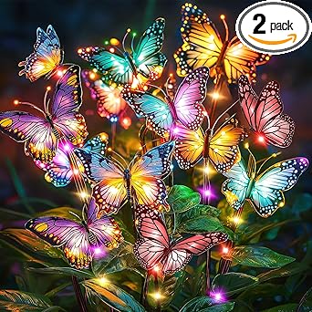 Solar Lights Outdoor Garden Decor: Gardening Gifts for Women Mom - 2 Pack 34 Butterfly Solar Lights with Colorful Bulbs - Outside Waterproof Christmas Decorations for Yard Patio Pathway Porch Lawn