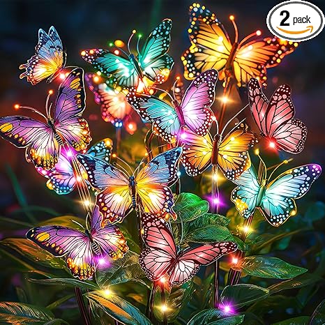 Solar Lights Outdoor Garden Decor: Gardening Gifts for Women Mom - 2 Pack 34 Butterfly Solar Lights with Colorful Bulbs - Outside Waterproof Christmas Decorations for Yard Patio Pathway Porch Lawn