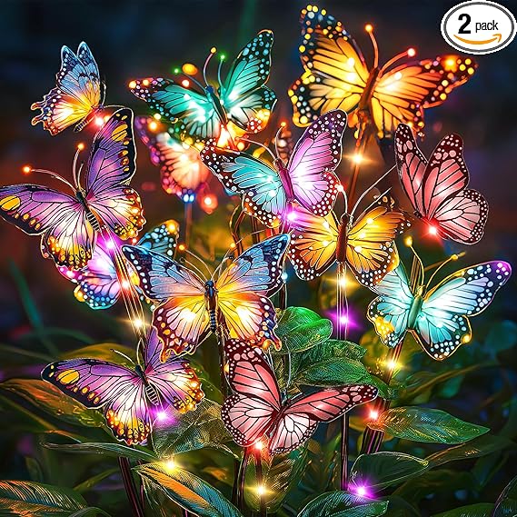 Solar Lights Outdoor Garden Decor: Gardening Gifts for Women Mom - 2 Pack 34 Butterfly Solar Lights with Colorful Bulbs - Outside Waterproof Christmas Decorations for Yard Patio Pathway Porch Lawn