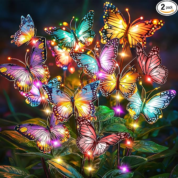 Solar Lights Outdoor Garden Decor: Gardening Gifts for Women Mom - 2 Pack 34 Butterfly Solar Lights with Colorful Bulbs - Outside Waterproof Christmas Decorations for Yard Patio Pathway Porch Lawn