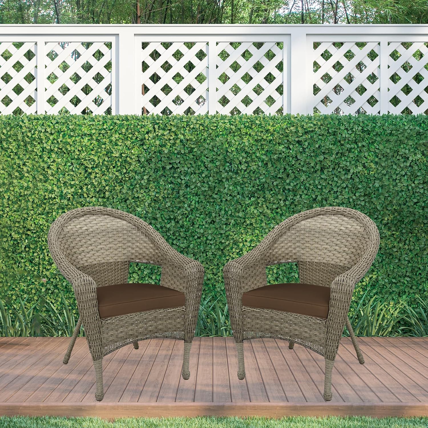 Jeco Set of 2 Grey Resin Wicker Clark Single Chair with 2" Brown Cushion