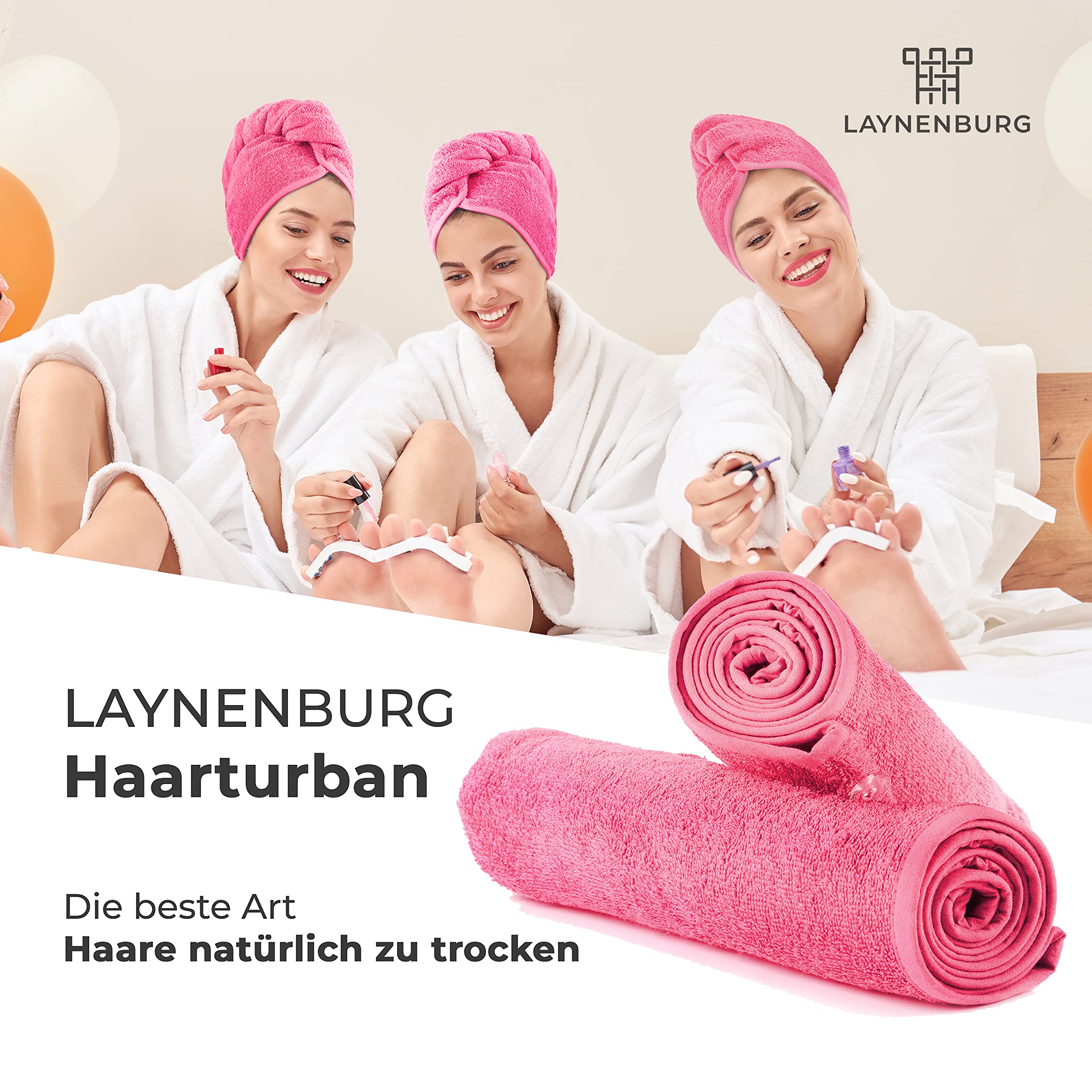 LAYNENBURG Asciugamano Turbante Deluxe con Bottone per Capelli Corti e Lunghi - Spugna di Cotone - 4 Lacci per Capelli Gratis - Asciugatura Rapida e asciugacapelli Super Assorbente (Fucsia)