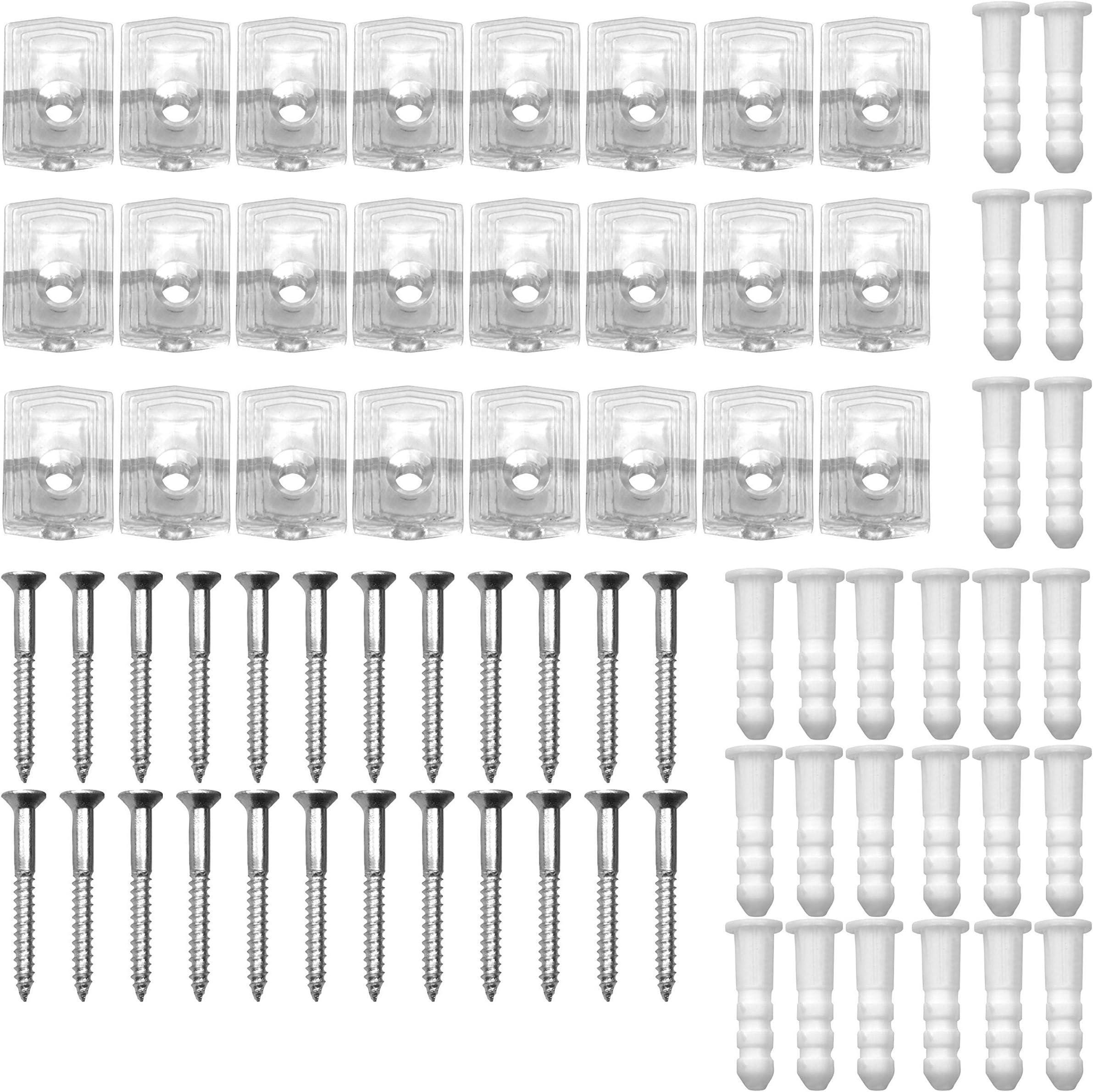 24 Pieces 1/4" Mirror Holder Clips, Hold Up to 21 Pounds, Crystal Clear Plastic, Heavy Duty, Fits Most Mirrors and Pictures, Screws and Anchors Wall Mount Bracket Tool Kit Included for Hanging