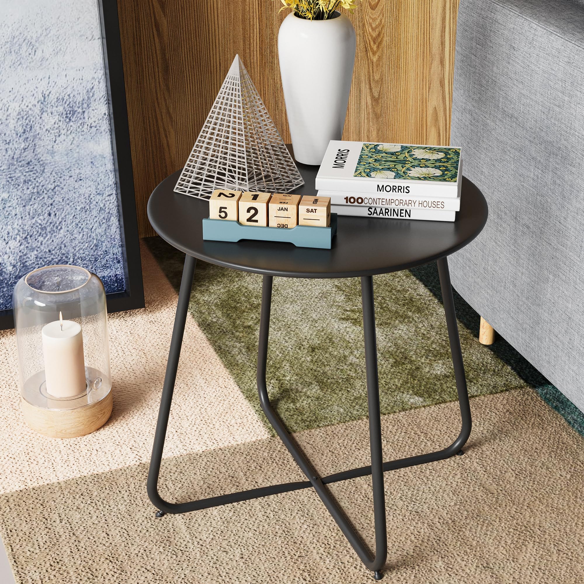 Table d'appoint d'extérieur de 46 cm - Petite table ronde avec pieds réglables - Table basse en acier revêtu par pulvérisation pour terrasse, balcon, véranda et jardin - Noir