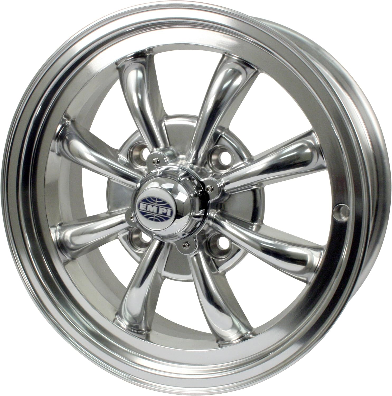 Close-up of a single Empi 8 Spoke polished aluminum wheel
