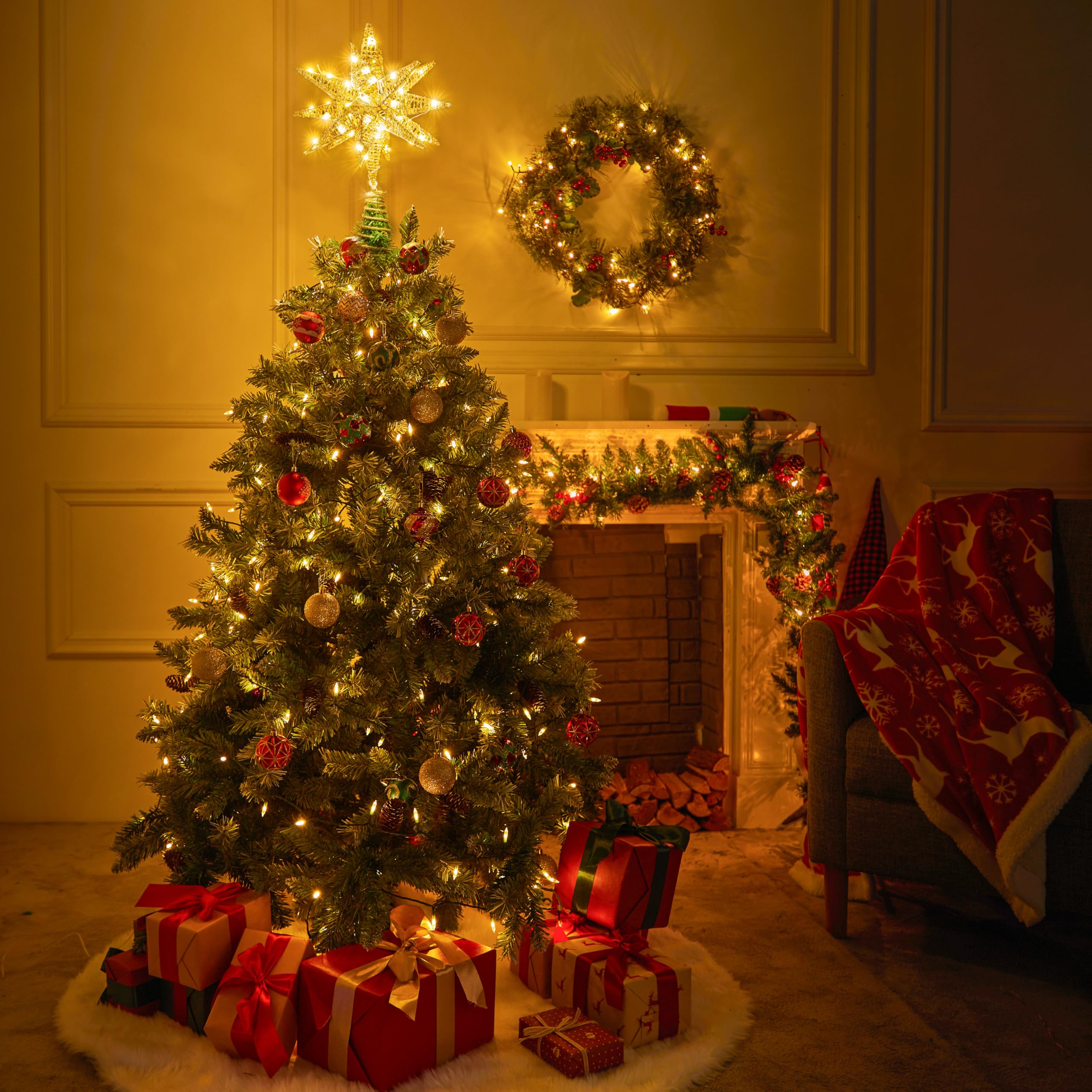 JOIEDOMI Cimier de sapin de Noël en métal 3D pailleté de 27,9 cm, blanc chaud, 36 LED avec prise minuteur, décoration de sapin de Noël, décoration d'intérieur