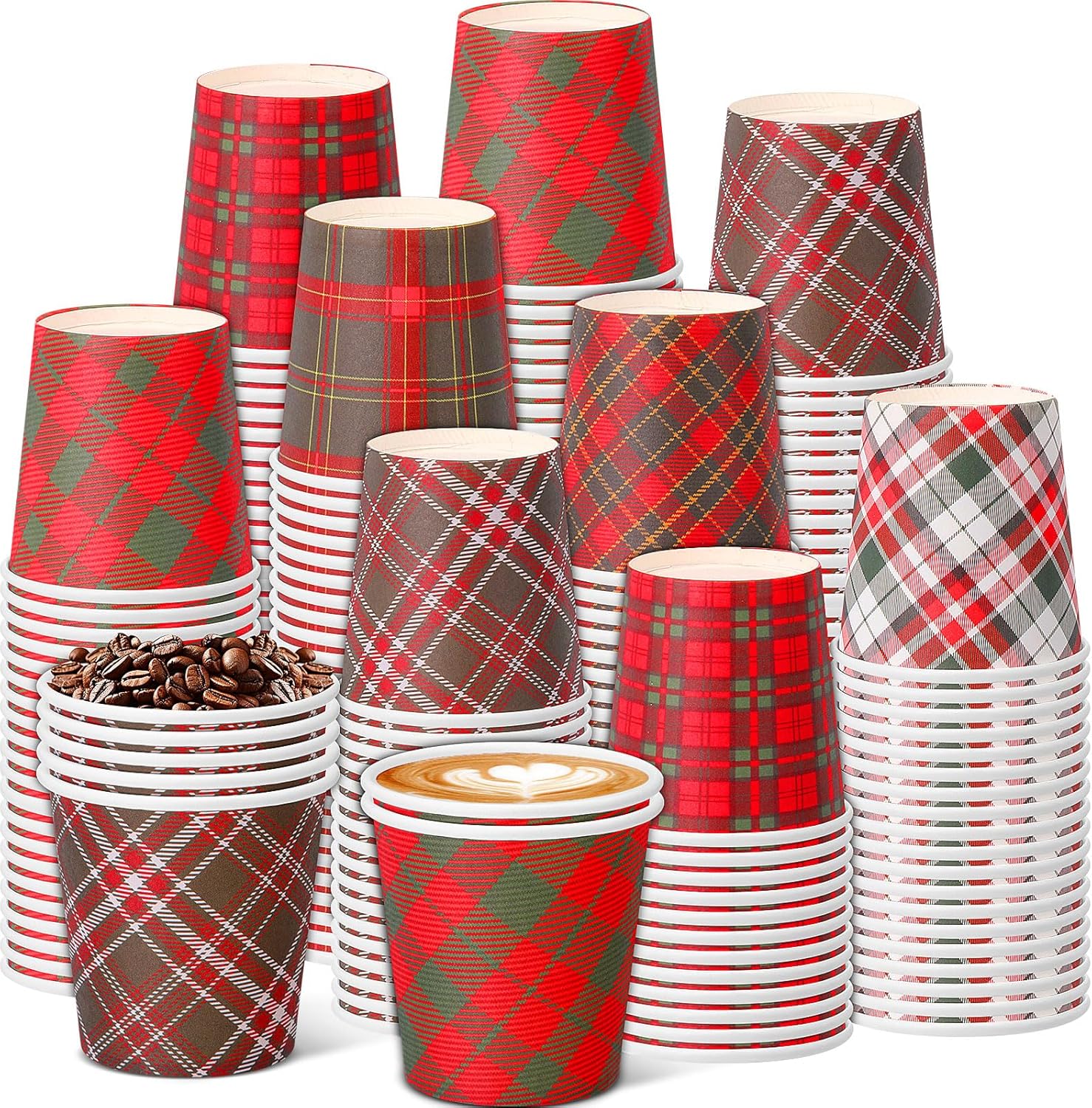 FoldTier 300 Pcs Christmas Paper Cups 4oz Buffalo Plaid Disposable Espresso Coffee Cups 6 Styles Christmas Plaid Xmas Drink Drinkware for Cold Hot Drinks Chocolate Cocoa Tea Xmas Party Office