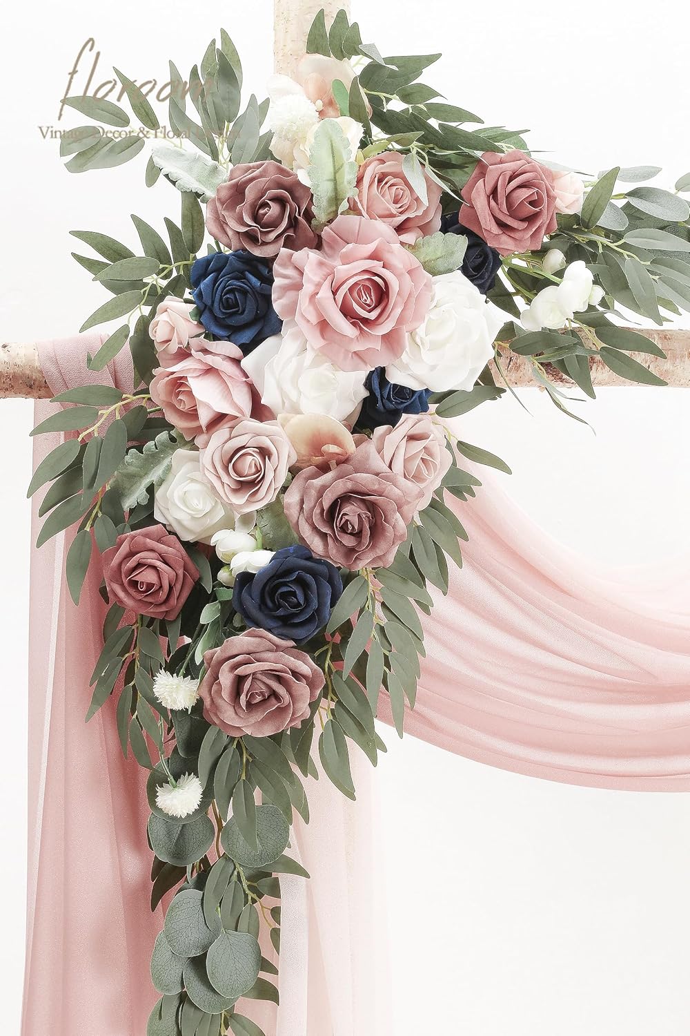 Floroom Arch Flowers with Drapes Kit (Pack of 4) - 2pcs Artificial Dusty Rose & Navy Blue Floral Swag Arrangement with 2pcs Draping Fabric for Wedding Ceremony Arbor and Reception Backdrop Decoration