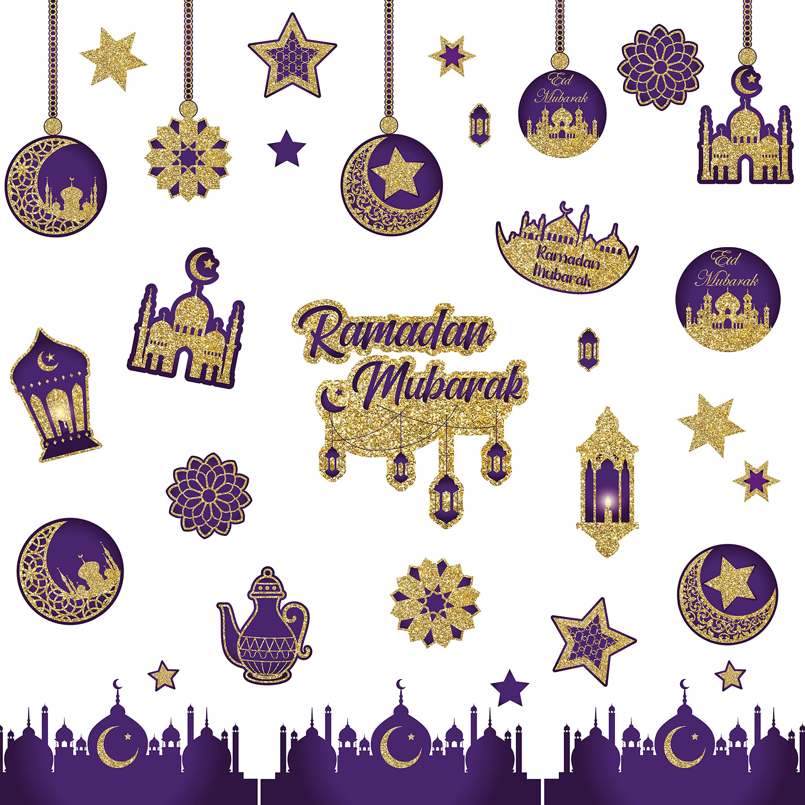 WATINC8 Sheets Ramadan Mubarak Window Clings Eid Mubarak Windows Stickers Double-Sided Purple & Gold Star Moon Lantern Wall Sticker Eid Al-fitr Party Egyptian Holiday Supplies for Home Office Decor