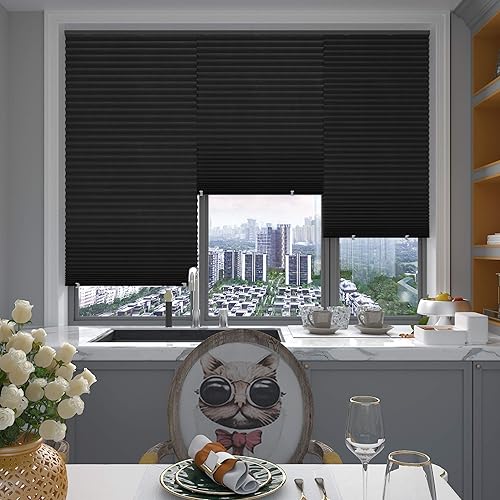 Changshade 6-Pack Blackout Pleated Paper Shades for Windows, Temporary and Portable Room Darkening Shades with 12 Clips for Travel, Peel and Stick to Install, Cut to Any Size, Black PLT36BK72A