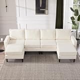 Sectional Couch&comma; Corduroy L Shaped Sofa with Convertible Chaise & Ottoman&comma; Sofa Couch Solid Wood Legs for Living Room&comma; 6 Seat White