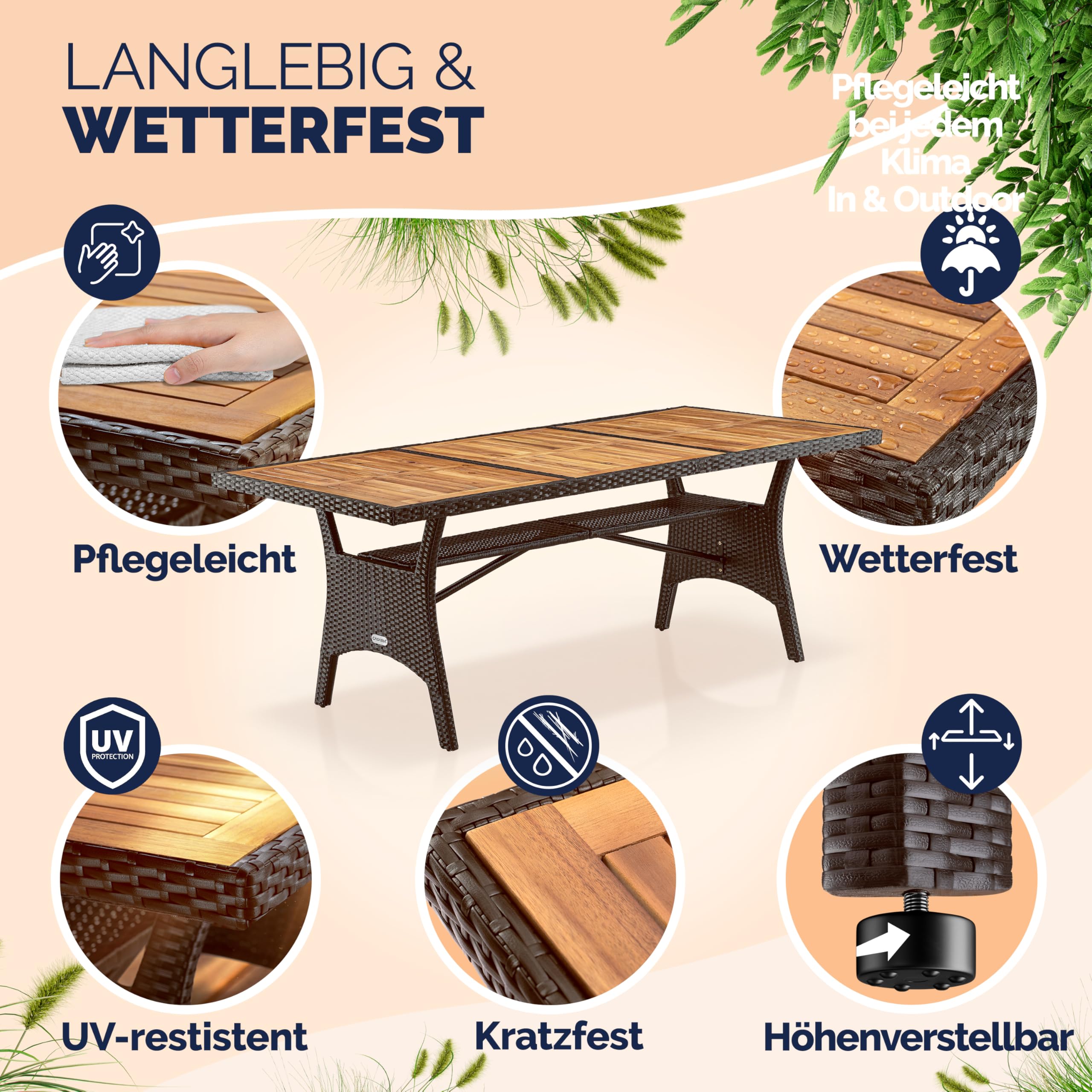 Casaria® Polyrattan Gartentisch mit Ablage FSC®- zertifiziertes Akazienholz 190x90 cm Höhenverstellbar Wetterfest Garten Terrasse Esstisch Tisch Braun