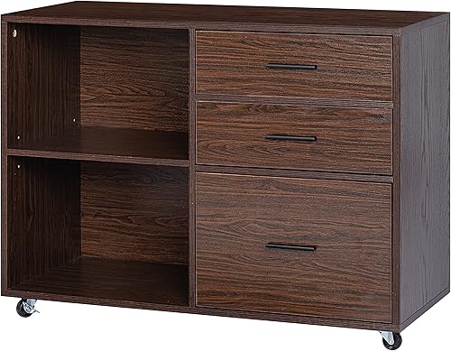 Miniatura 6 de Spirich Archivador lateral de oficina con 3 cajones archivador lateral móvil de madera sobre ruedas soporte de impresora con estantes de