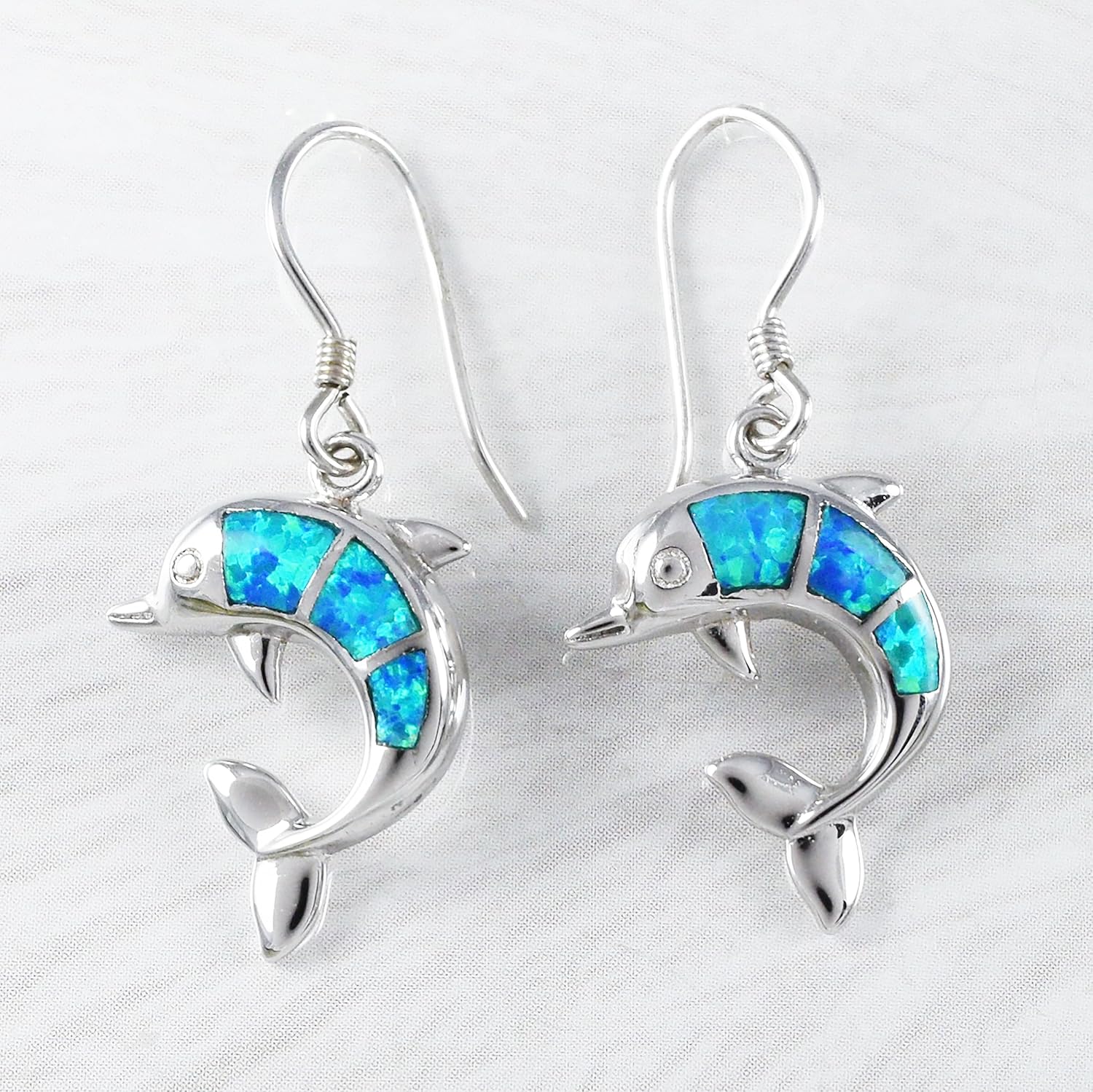 Beautiful Hawaiian Blue Opal Dolphin Earring, Sterling Silver Blue Opal Dolphin Dangle Earring, E2025 Birthday Wife Mom Mother Gift