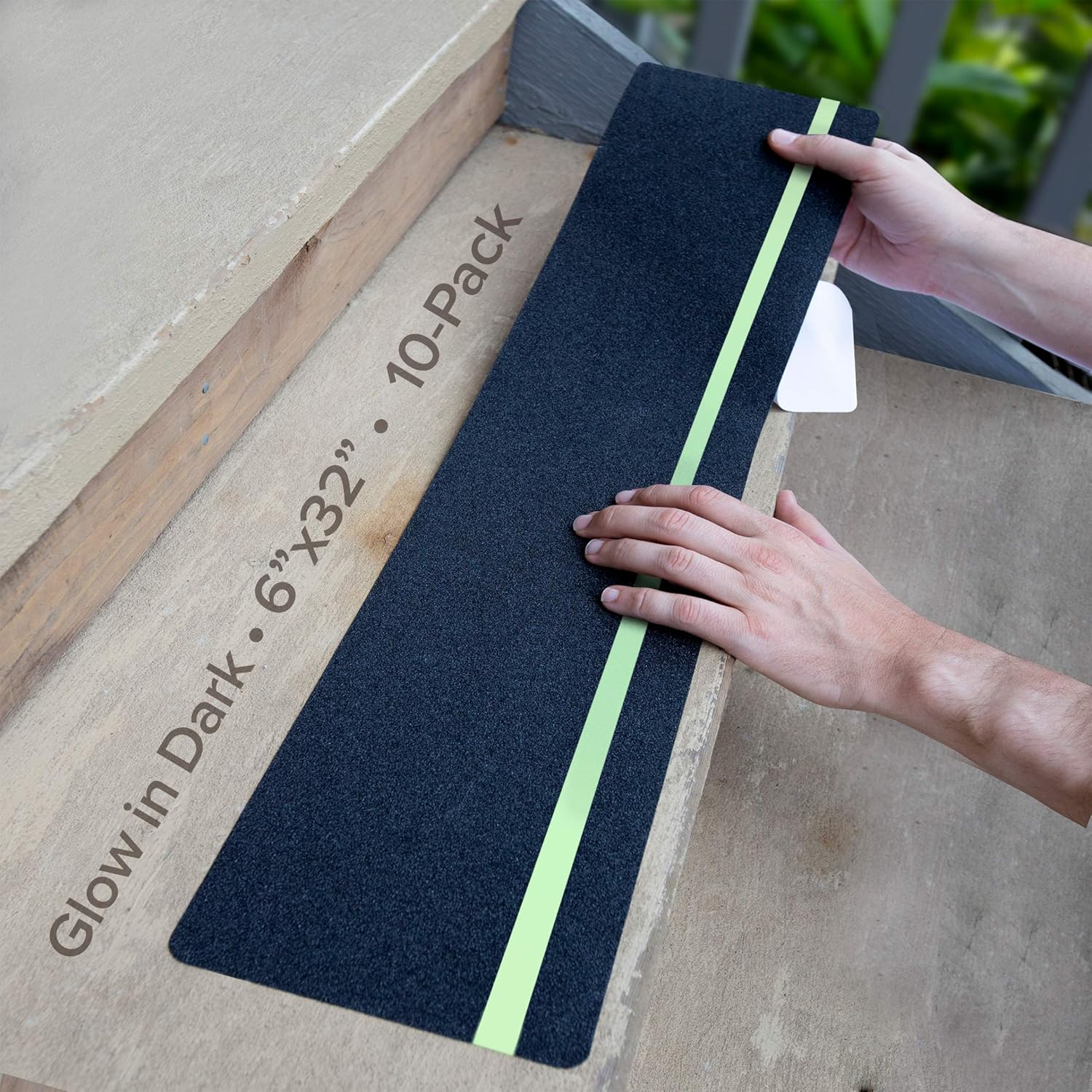 LifeGrip Anti Slip Traction Treads with Glow in Dark Stripe (10-Pack), 6" X 32", Best Grip Tape Grit Non Slip, Outdoor Non Skid Tape, High Traction Friction Abrasive Adhesive for Stairs Step 6" x 32" x 10P Black with Glow in the Dark Strips