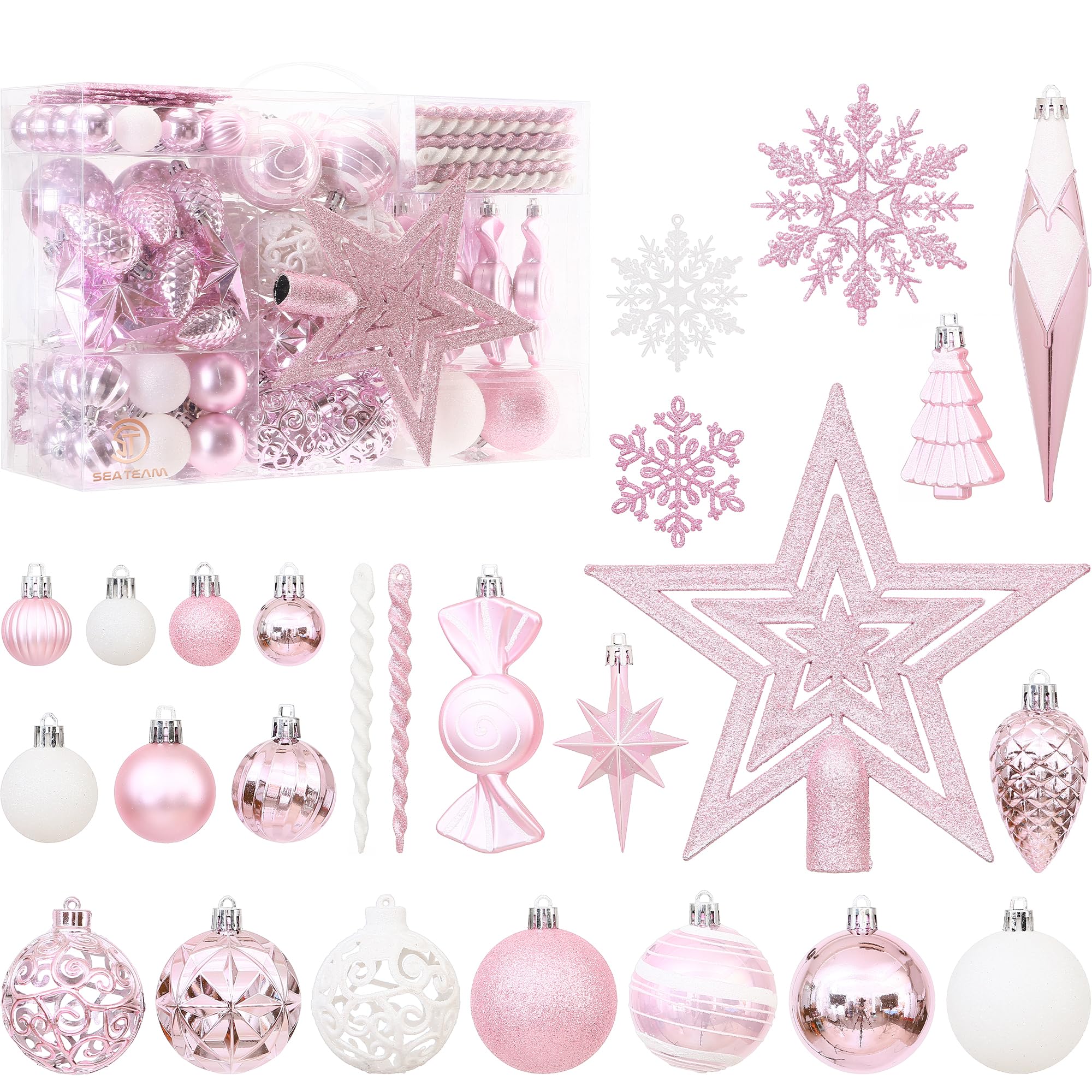 Sea Team Juego de 130 adornos surtidos de bolas de Navidad de plástico inastillables, bolas decorativas, colgantes, decoraciones con estrella para árbol de Navidad, corona, guirnalda (rosa)