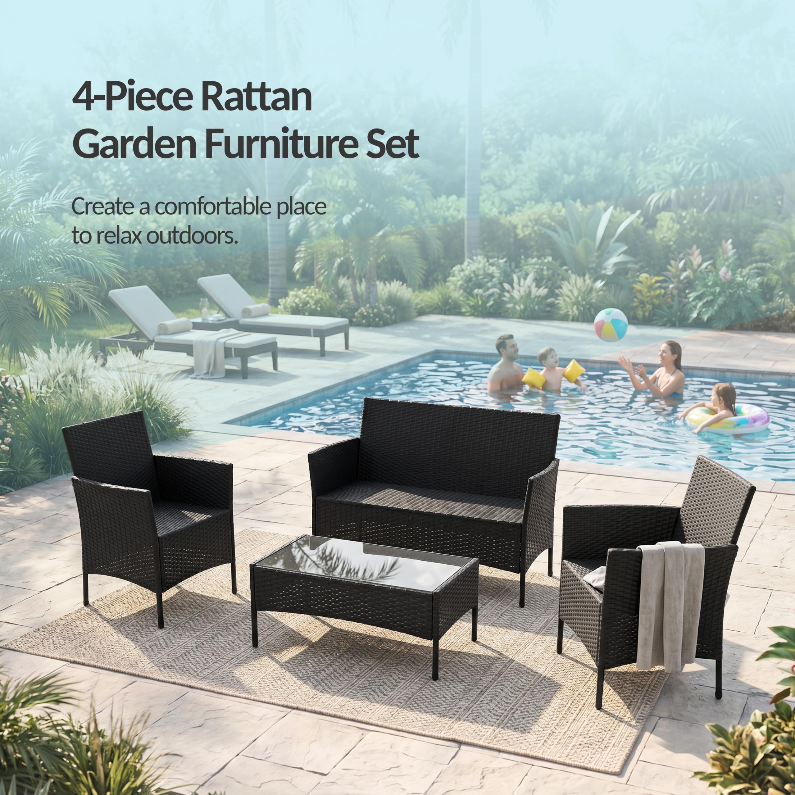 POKAR Set Giardino Rattan Grigio con Cuscini Seduta Grigio | Set 4 Pezzi, Divano 101x54x85, 2x Poltrona 58x54x85, Tavolino 68x42x38 cm, Resina Intrecciata, Metallo | Terrazzo e Patio