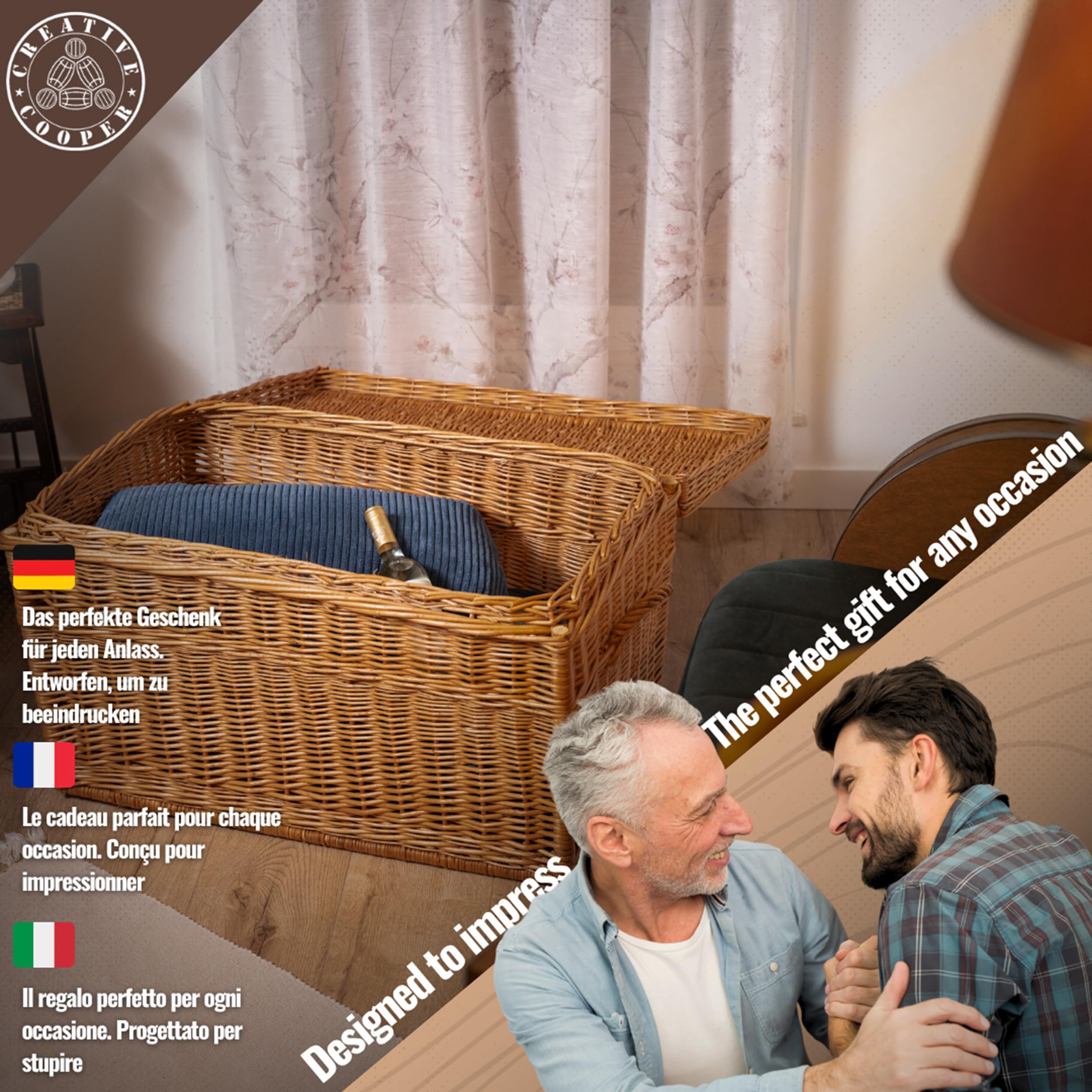 Creative Cooper Handgefertigter Wäsche- & Aufbewahrungskorb aus Weide – Großes Geflochtenes Wicker-Korb 180 L – Deckel, Rustikal, Naturholz, Braun