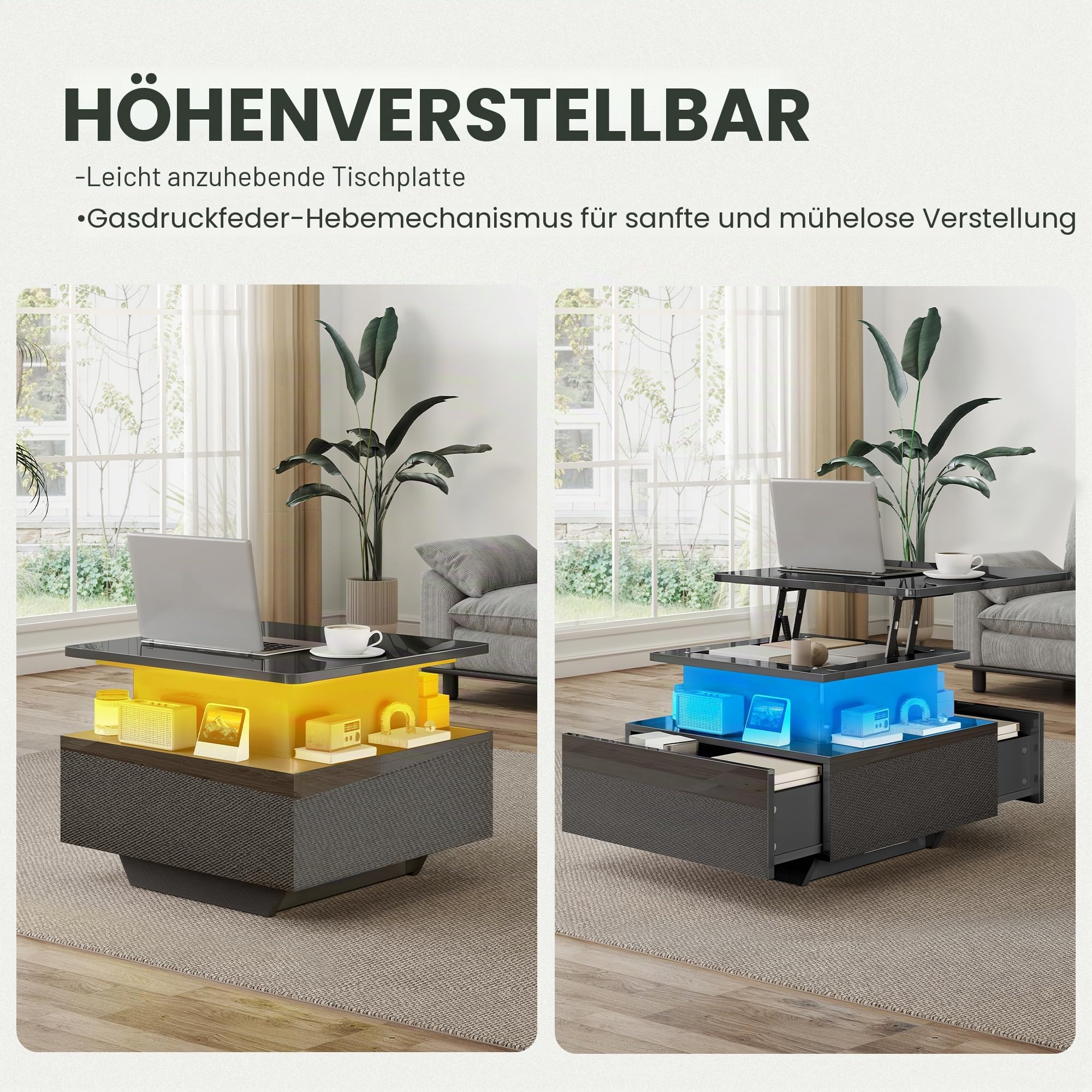 DWVO Couchtisch mit LED, höhenverstellbar, modern schwarz hochglänzend, mit Stauraum & Schubladen für Wohnzimmer, 60x60x45-58 cm
