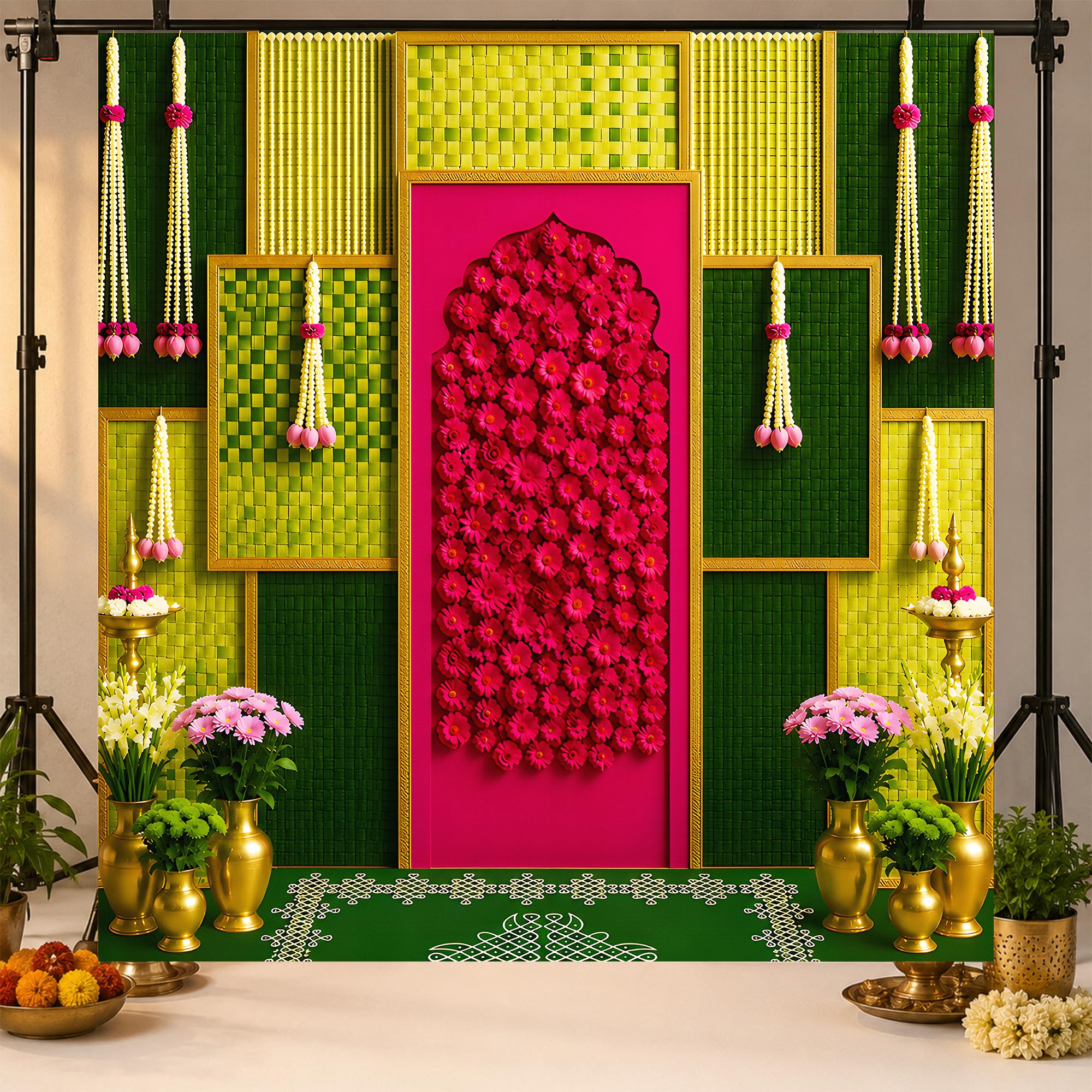 Floral Pooja Backdrop 8 Ft x 8 Ft | Premium Fabric Pink Flower Wall & Banana Leaf Decoration Background | Wedding, Haldi, Mehndi, Engagement, Baby Shower, Housewarming & Festival Decor-image-8