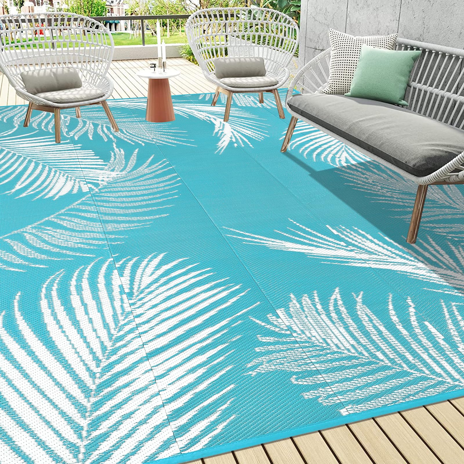 Pauwer Waterproof Outdoor Rug 10x14, Plastic Straw Patio Mat, Leaf Teal — image 1