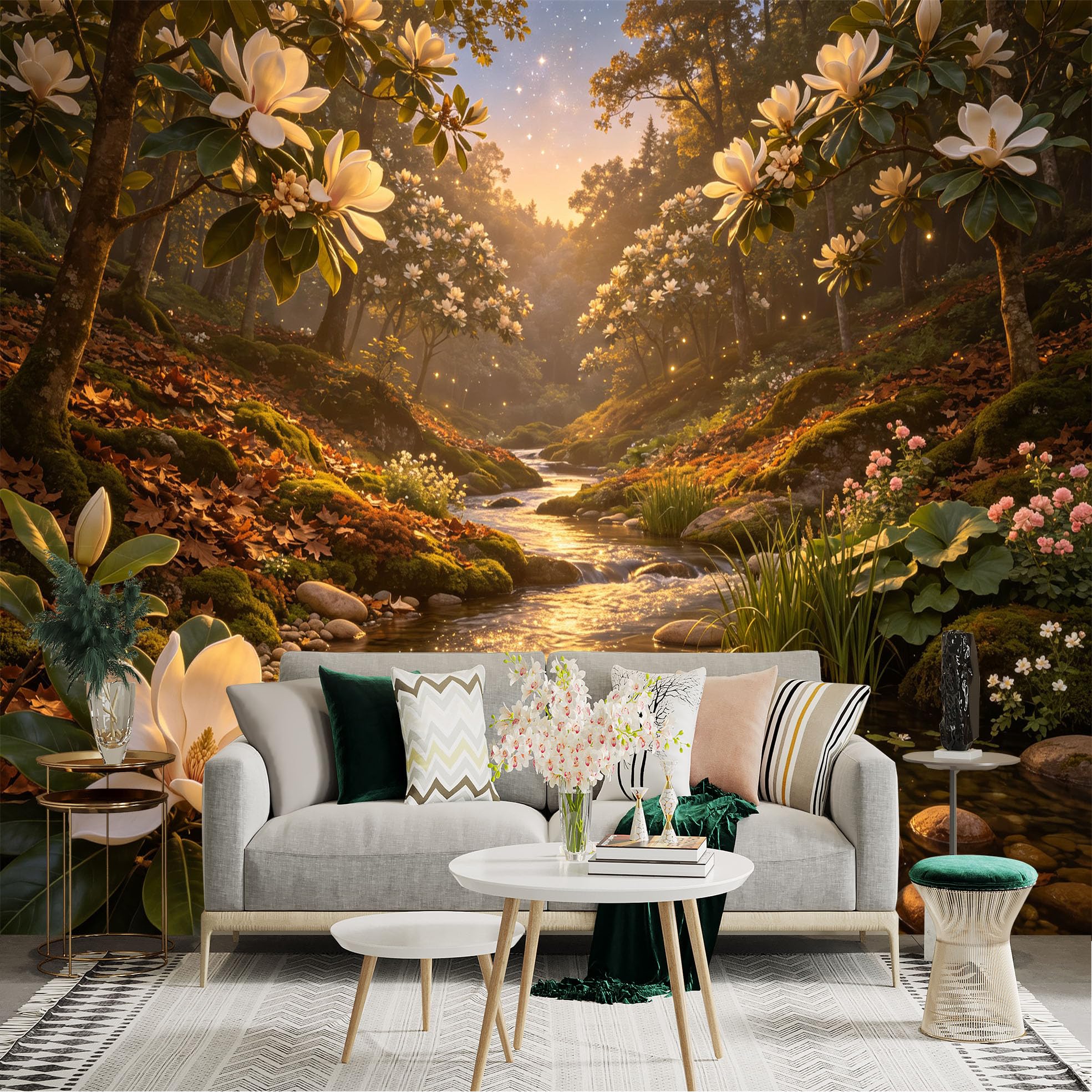Lnzczhyre Bh260719275 Custom Size Wall Sticker Mural， Enchanted Forest With Flowing Stream， White Magnolia Blossoms， Magical Golden Sunlight， For Wall Decoration， Peelandstick Wall Decals.