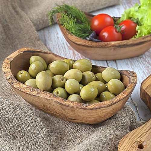 Miniatura 4 de Forest Decor Juego de 2 cuencos rústicos para servir, cuencos de frutas en forma de barco de madera, material de madera de olivo, centro de mesa