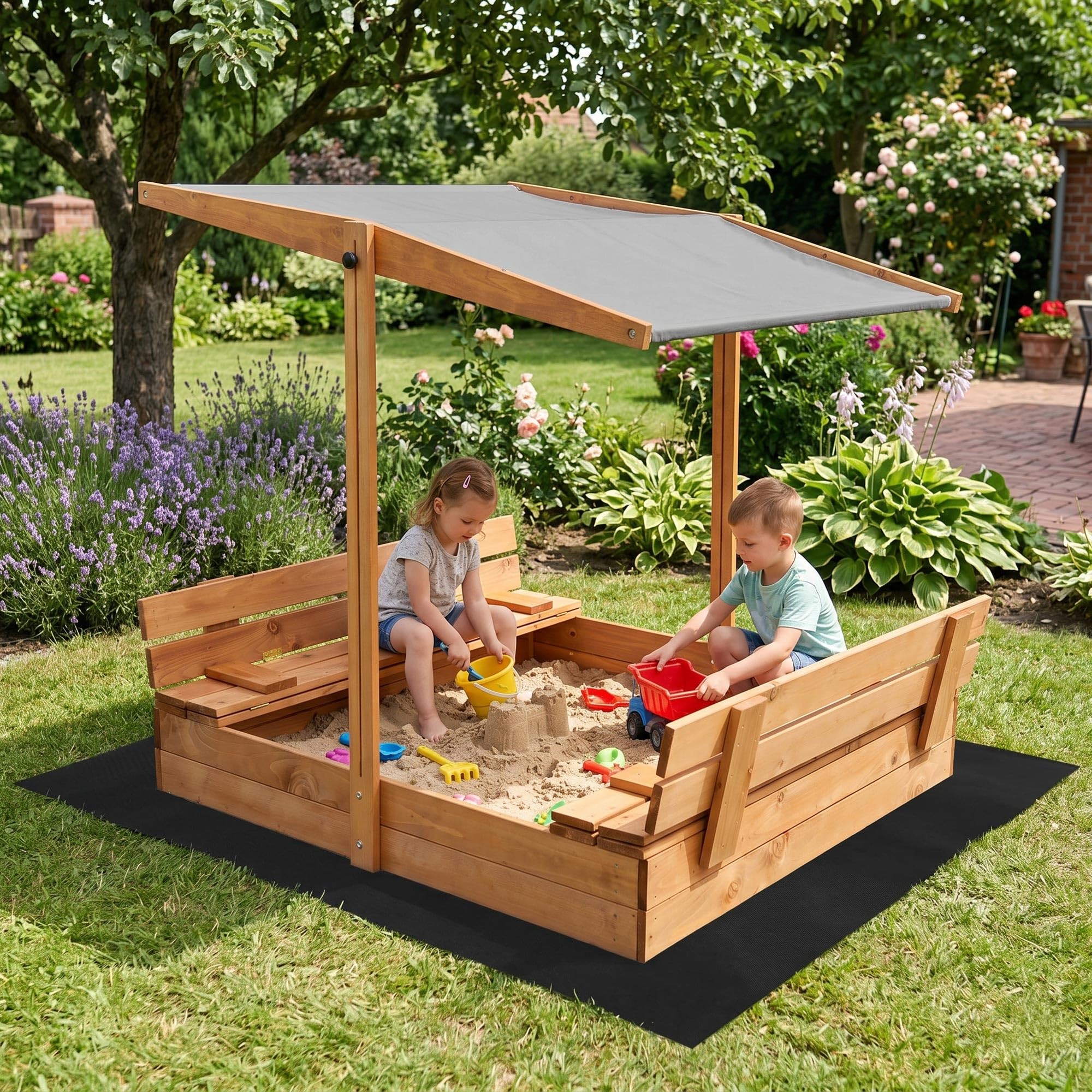 Bac à sable en bois 120 x 120 cm avec toit et couverture, bac à sable pour enfants, bac à sable de jardin en bois de conifère imprégné, toit pare-soleil réglable, pliable, marron, gris SPRINGOS