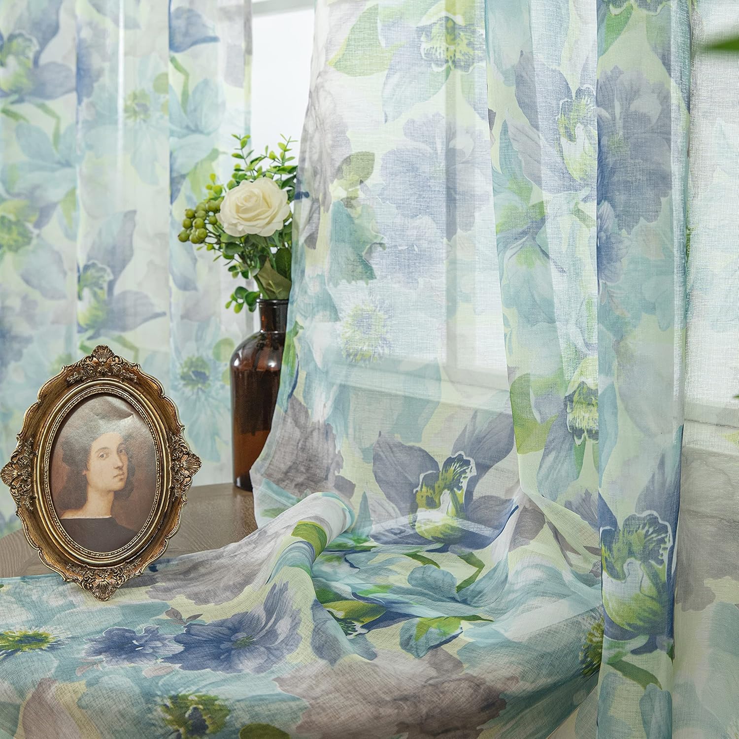 Floral Sheer Curtains 84 Inches Long Blue Flower Printed French Country Semi Sheer Curtain for Nursery Bedroom Living Room Linen Look Blossom Patterned Rod Pocket Voile Drapes 2 Panels