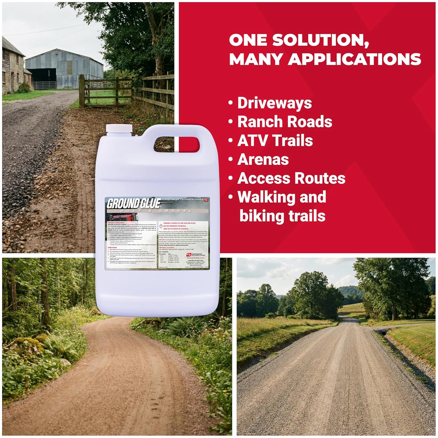 Corrosion Technologies Ground Glue Dust & Gravel, Dust Control Binder for Paths, Roads, Driveways, Ranch & ATV Trails, Super Concentrated Formula for Outdoor Soil & Rock Stabilization, 1 Gallon