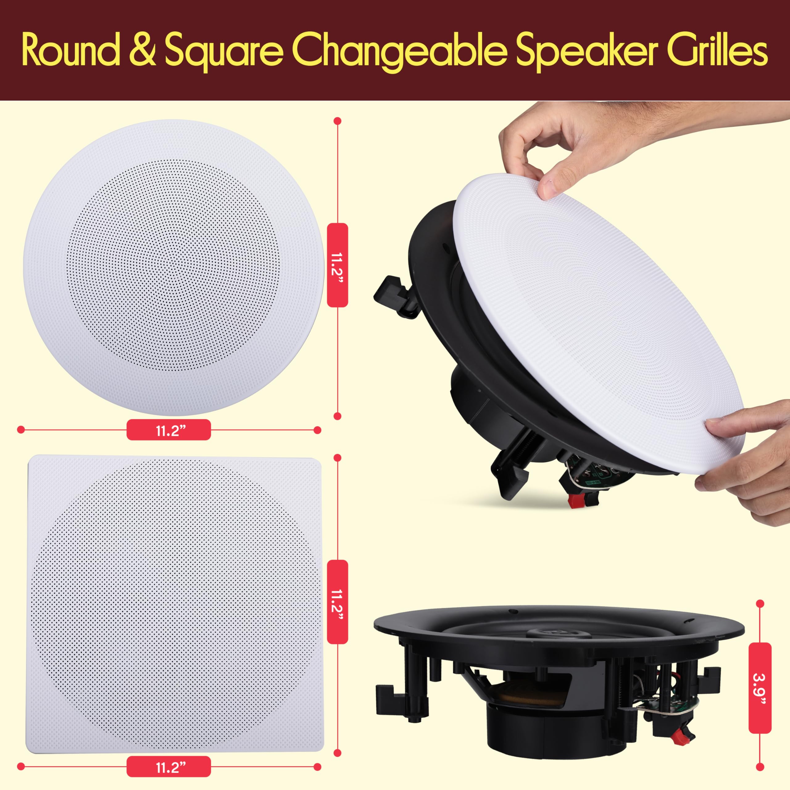 Pyle 8" Bluetooth Ceiling/Wall Speaker Kit, 250W Flush Mount 2-Way Home Speakers, 4 Speakers with Wireless Music Streaming, 4-Channel Amplifier, Quick Install, Round & Square Grills, 11.2" x 3.9" Inch